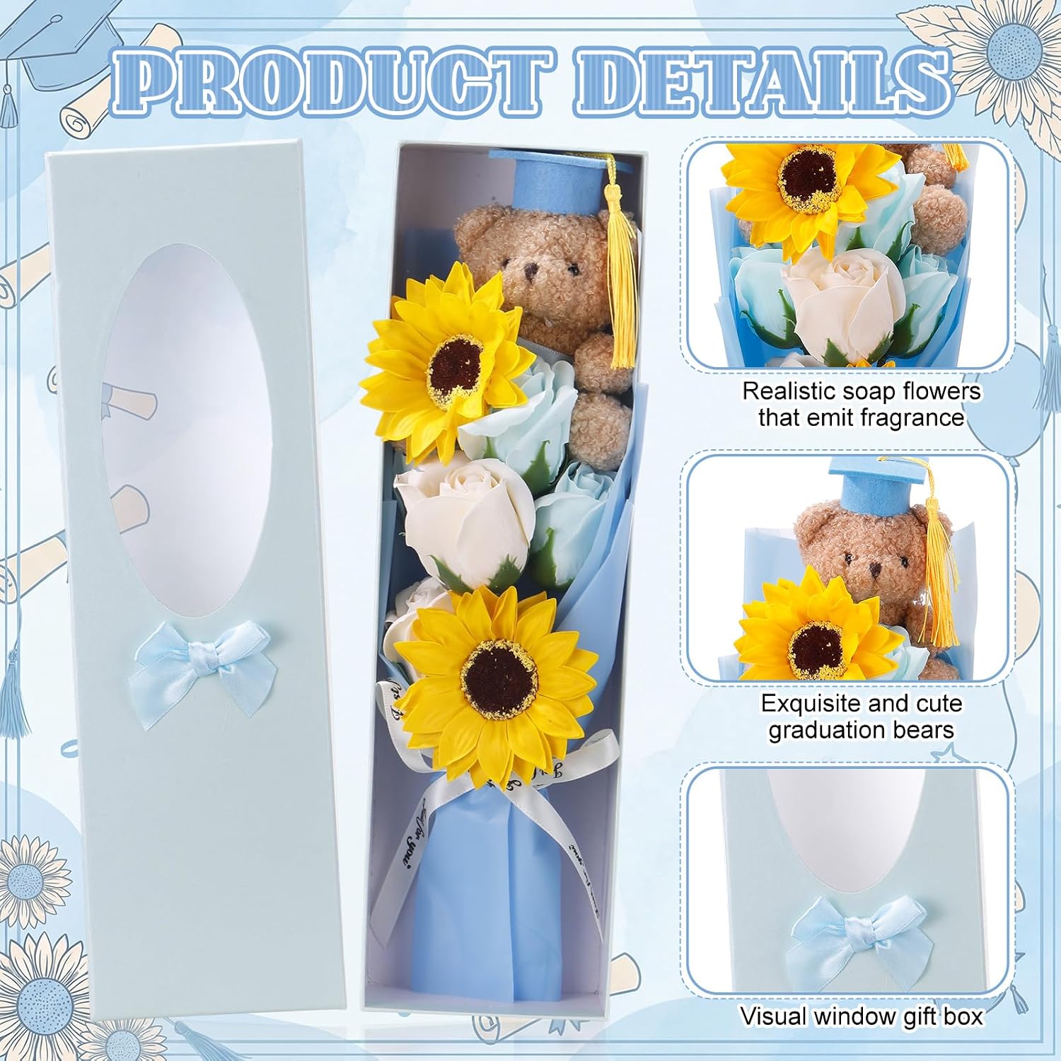 Soulchen 13" 2026 Graduation Bear Bouquet Rose Sunflower Scented Soap Flower Money Bouquet Mini Plush Graduation Bear with Grad Cap Gift Box for Daughter Son Party Favors Supplies(Light Blue) image 3