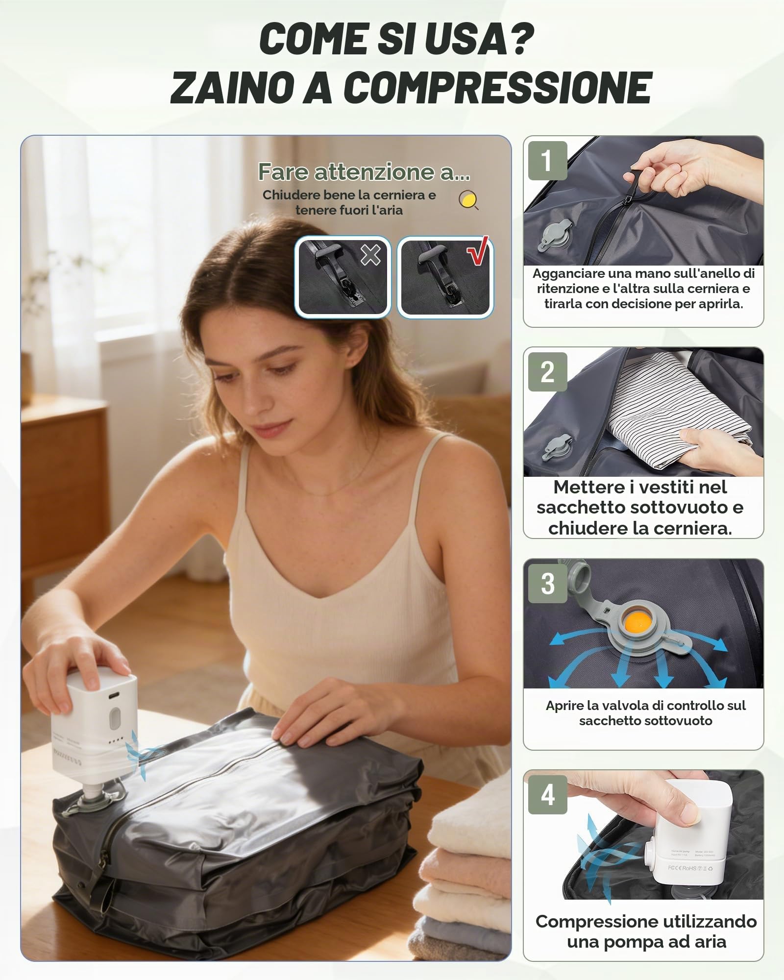 SEAFEW Zaino Sottovuoto da Viaggio con Pompa Borsa da Cabina per Ryanair 40x30x20 Aereo Bagaglio a Mano per Easyjet Impermeabile Lavoro e Scuola Trekking Casual Daypack per 14" laptop,H03-Verde