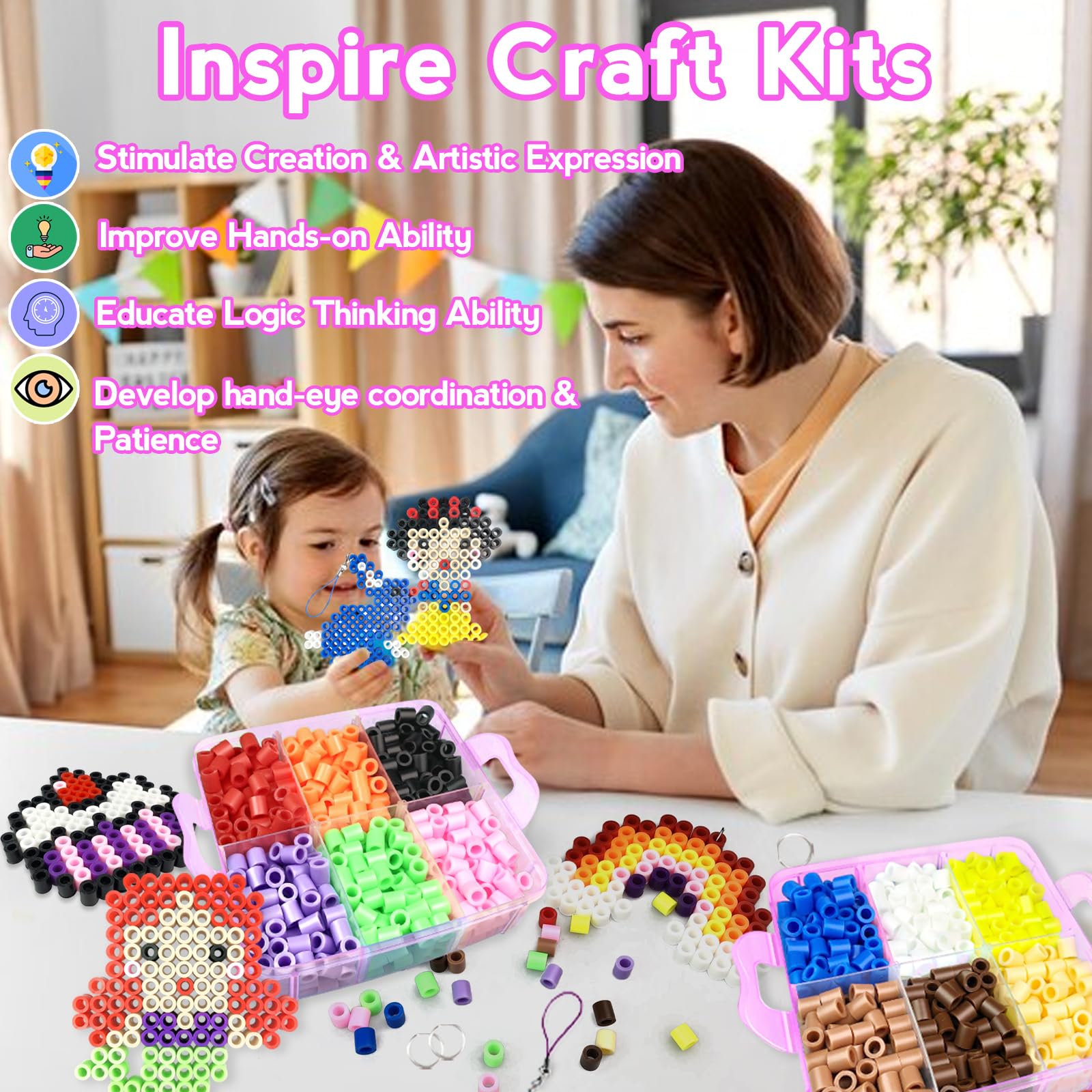1000 Pezzi XL Perline da Stirare 10MM,Perline a Fusione con Custodia- 12 Colori, Pegboard, Guida Utente, Design gioielli, Decorazioni, Creativo Regali Compleanno Natalizio Fai-da-Te per Bambini