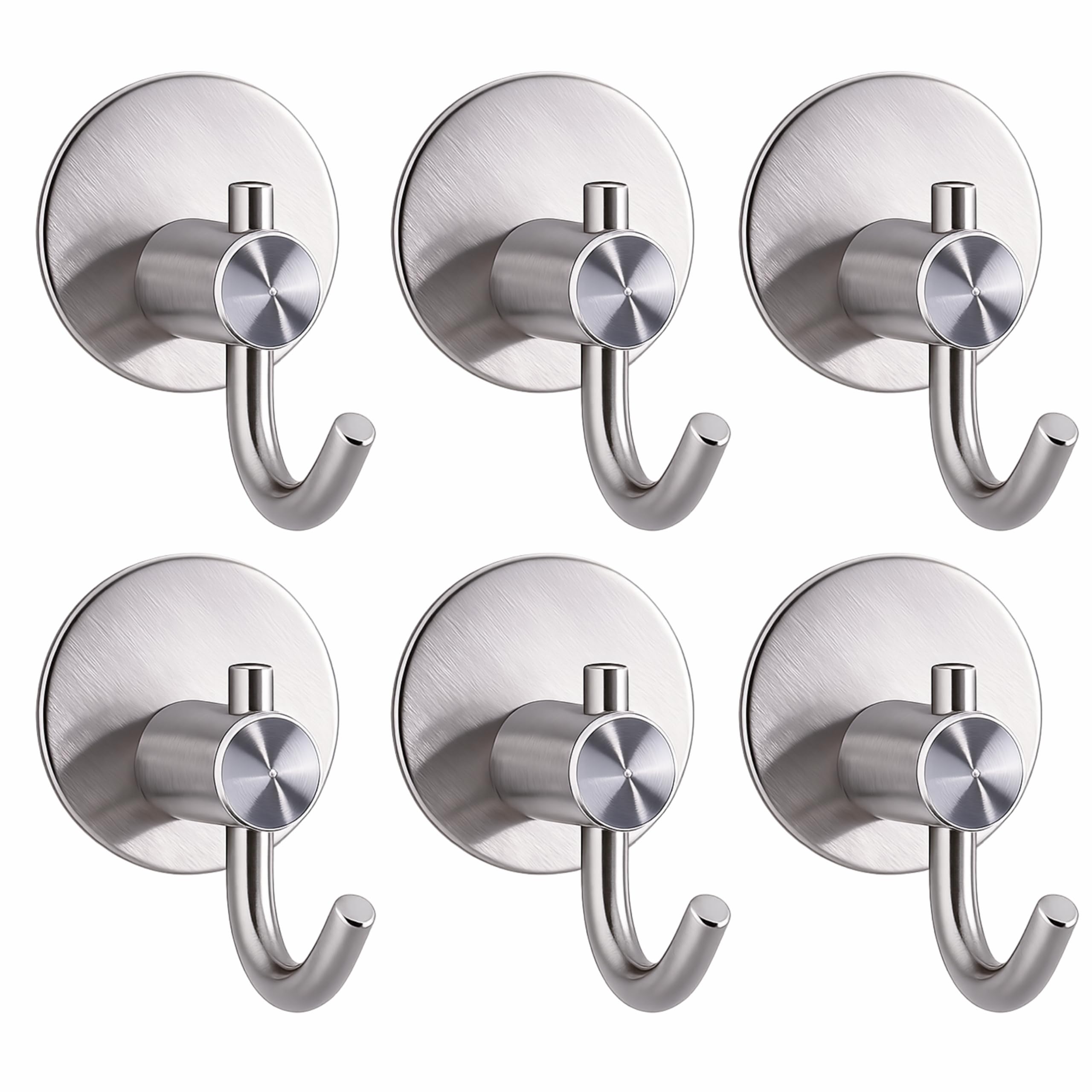 JIALTO 6 pcs Self-Adhesive Stainless Steel Hooks: Heavy-Duty Wall Hangings, Waterproof & Drill-Free - Strong Towel, Coat, and Kitchen Hooks for Bathroom and Kitchen (Big Round Silver Hook)