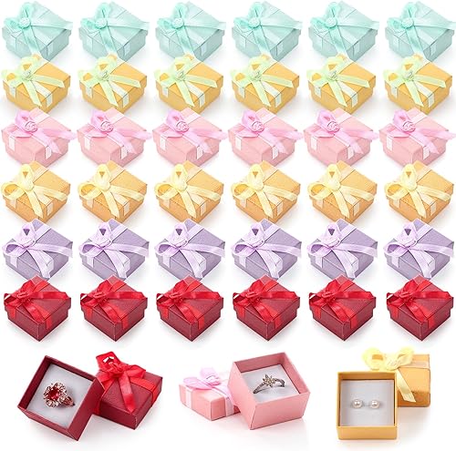 Miniatura 8 de Bucherry 72 cajas de anillos de 1.6 x 1.6 pulgadas, caja de joyería de cartón duro con lazo de cinta, pequeñas cajas de regalo para pequeñas