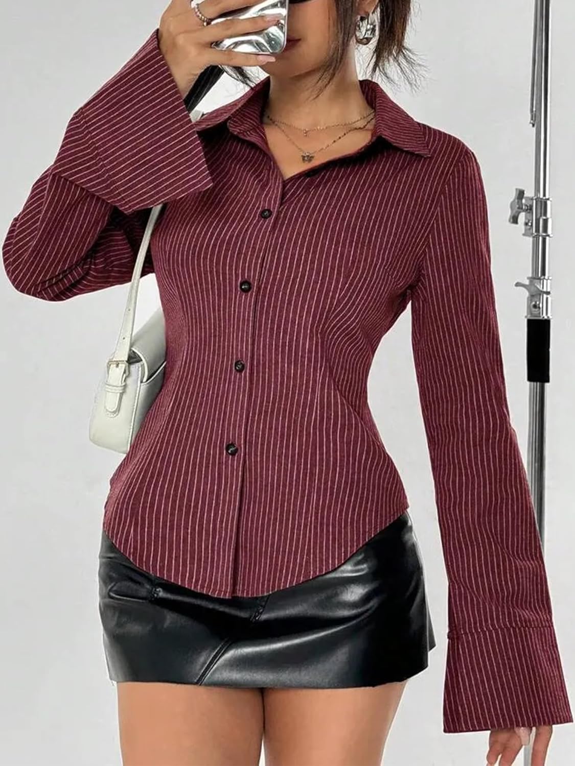 Women Y2K Striped Button Down Shirts Dress Shirts Long Sleeve Gingham Tee Collared Office OL Work Shirt Blouse Top - Image 3