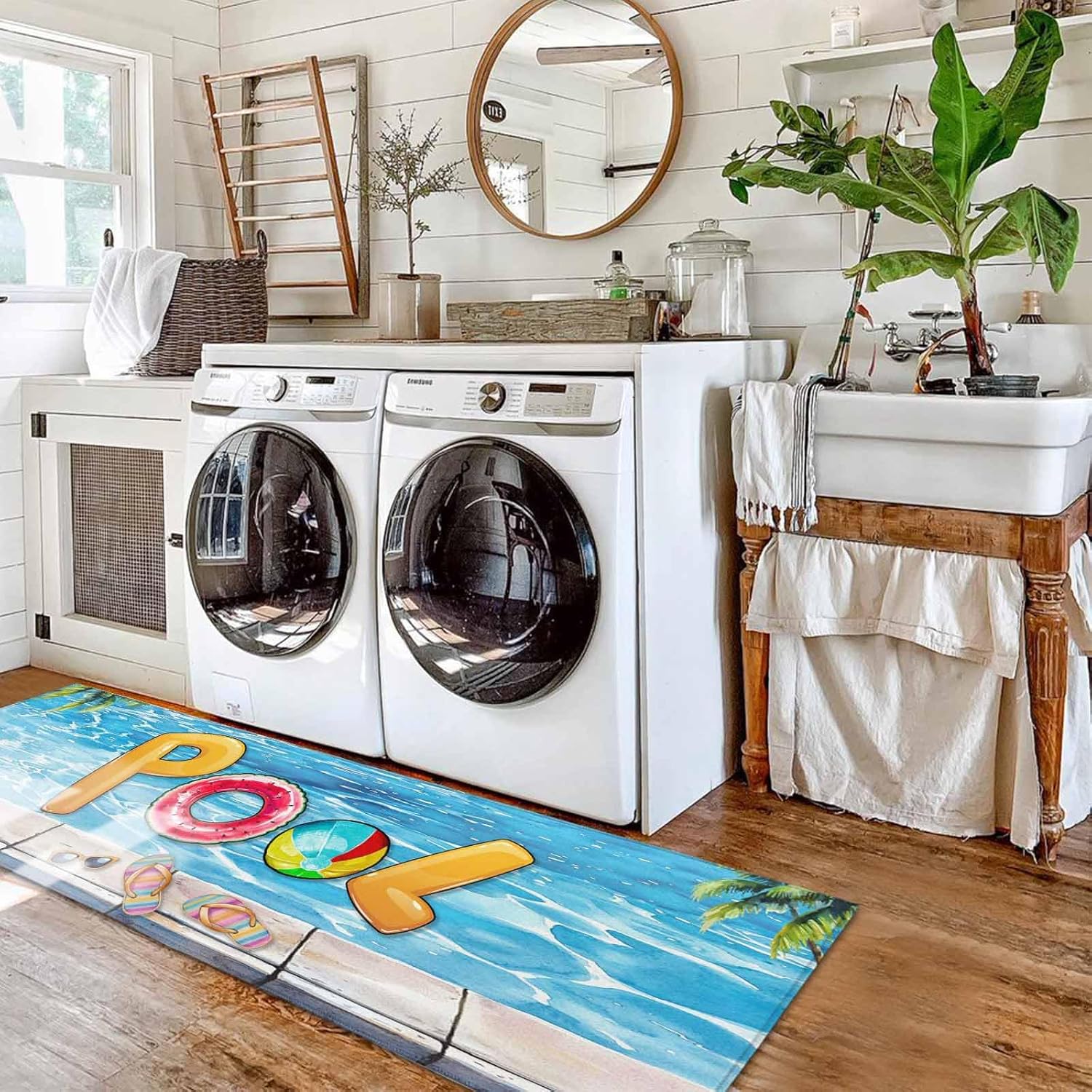 Kitchen Rugs and Mats Set,Summer Vacation Swimming Pool 2 Pieces Non Slip Cushioned Rug Floor Mat Sunglasses Slippers Palm Tree Absorbent Area Runner Comfort Standing Mats for Sink Bathroom