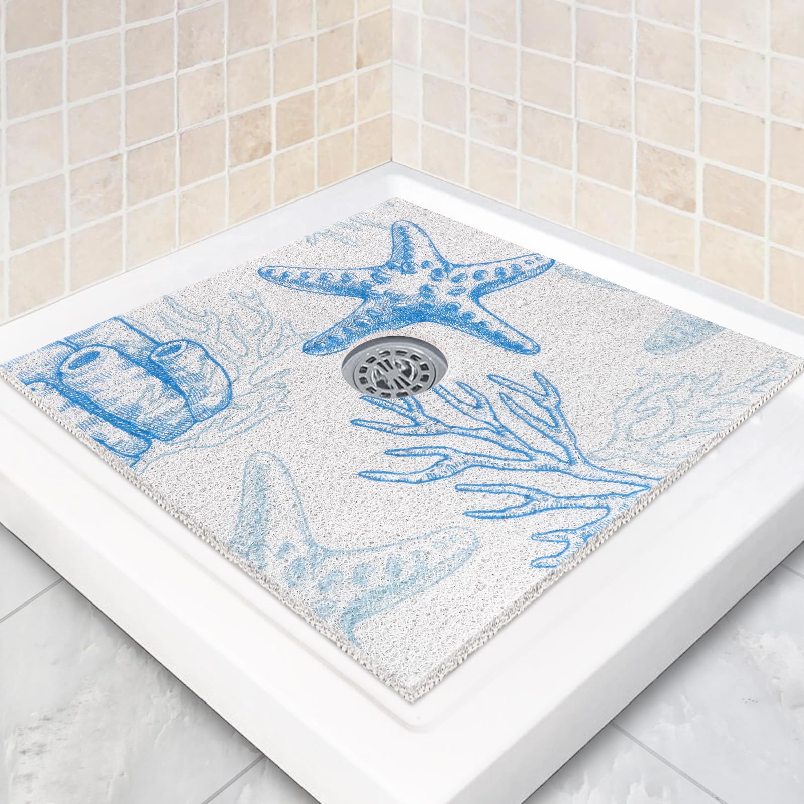 Square Shower Mat Non Slip: 24 x 24 Inch Extra Large Shower Mats with Drain Hole in Middle - PVC Loofah Anti Slip Shower Floor Matt for Inside Shower