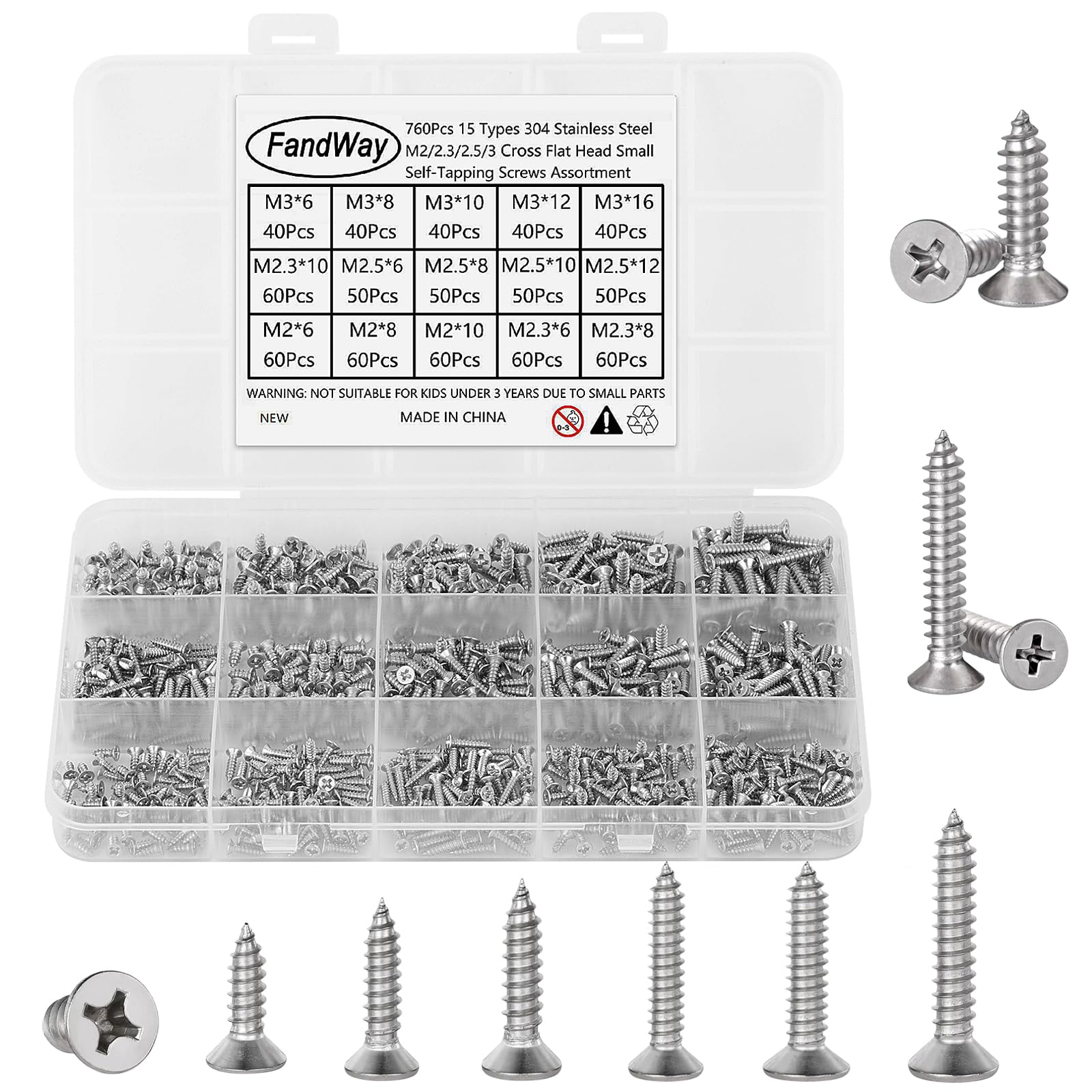 760Pcs Small Self Tapping Screws 304 Stainless Steel,M2 M2.3 M2.6 M3 Tiny Wood Screws Kit,Countersunk Head Self Drilling Screw,Flat Head Sheet Metal Screw Phillips/Cross Drive for DIY Wood Repairs. — image 1
