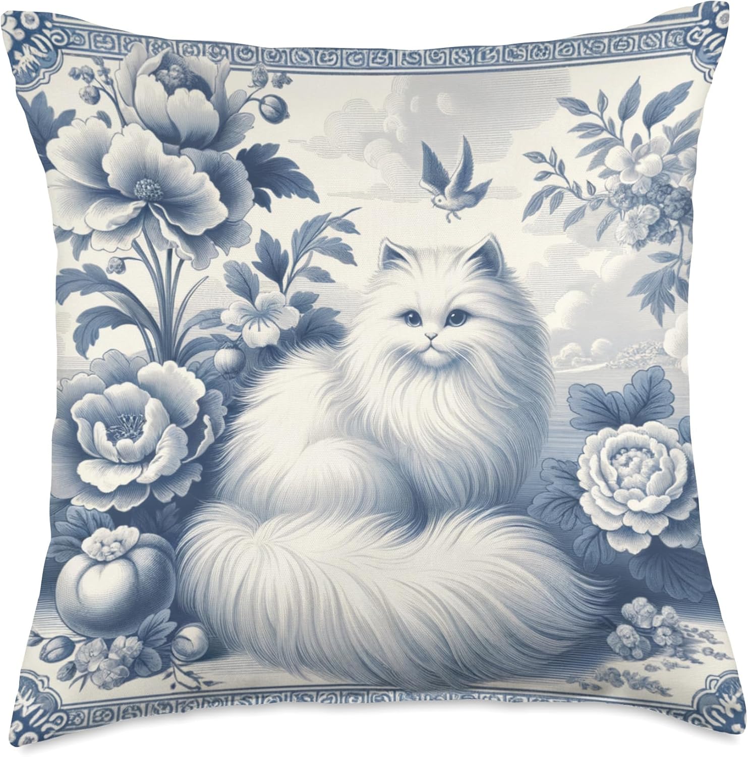 Chinoiserie Cat Toile Blue and White Florals Cottagecore Throw Pillow