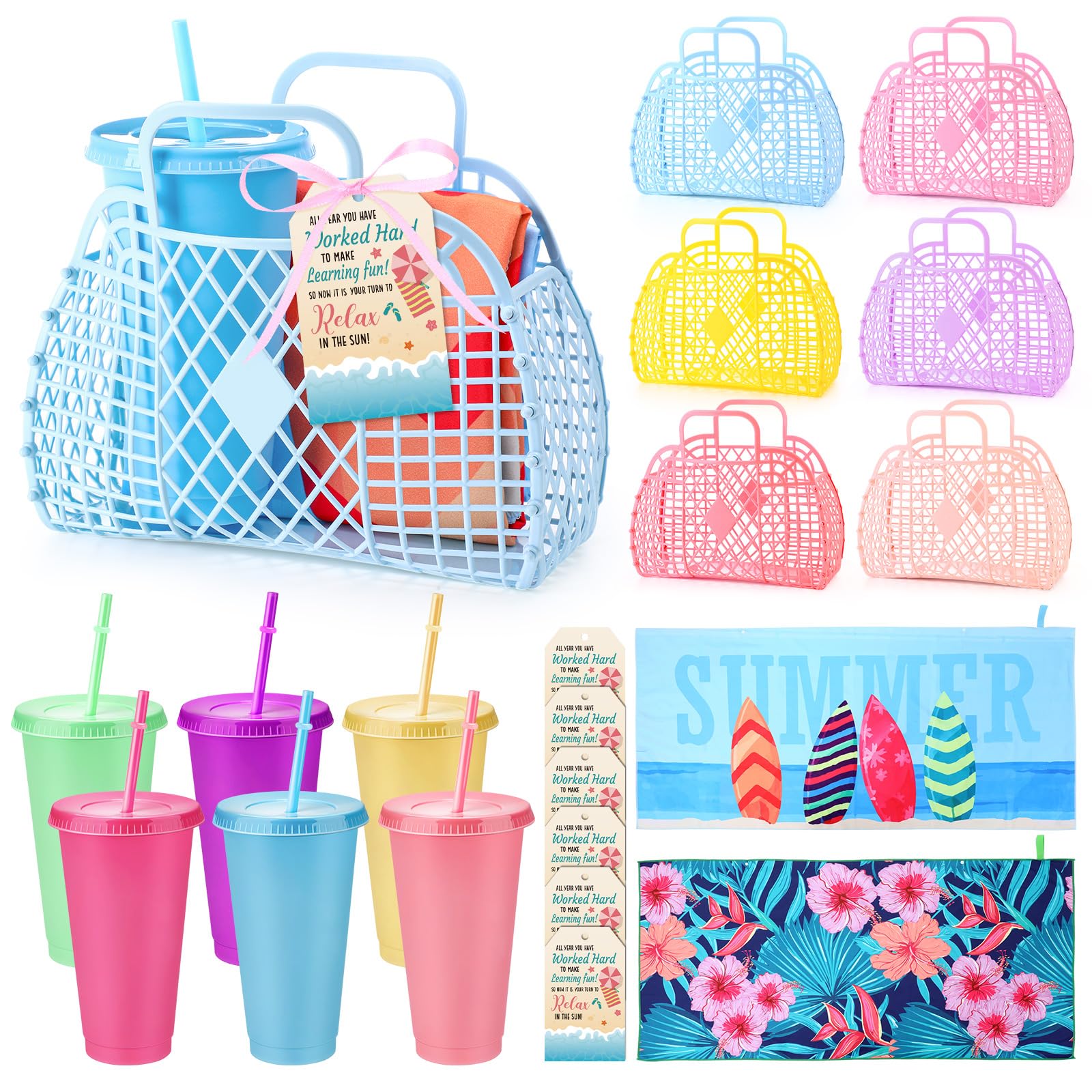 Reallnaive 6 Set Pool Beach Party Favors Summer End of Year Gift with Reusable Jelly Basket Thank You Cups Beach Towel and Thank You Card for Birthday