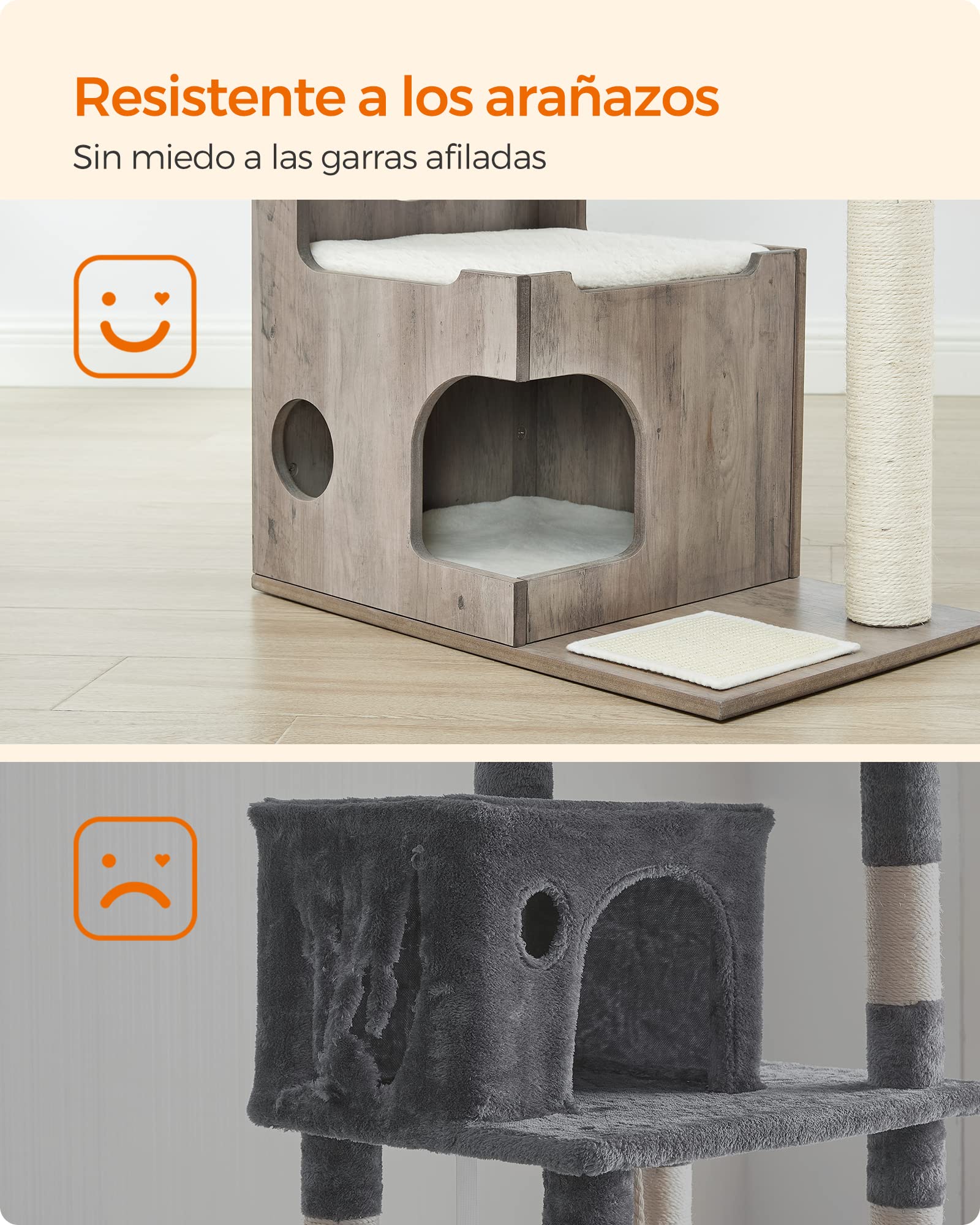 Feandrea Árbol de Gatos, Tablero de aglomerado de 86 cm de Altura, con Poste de Sisal, Plataforma, Cubierta de Piel Sintética Lavable, Greige Melange PCT070G01
