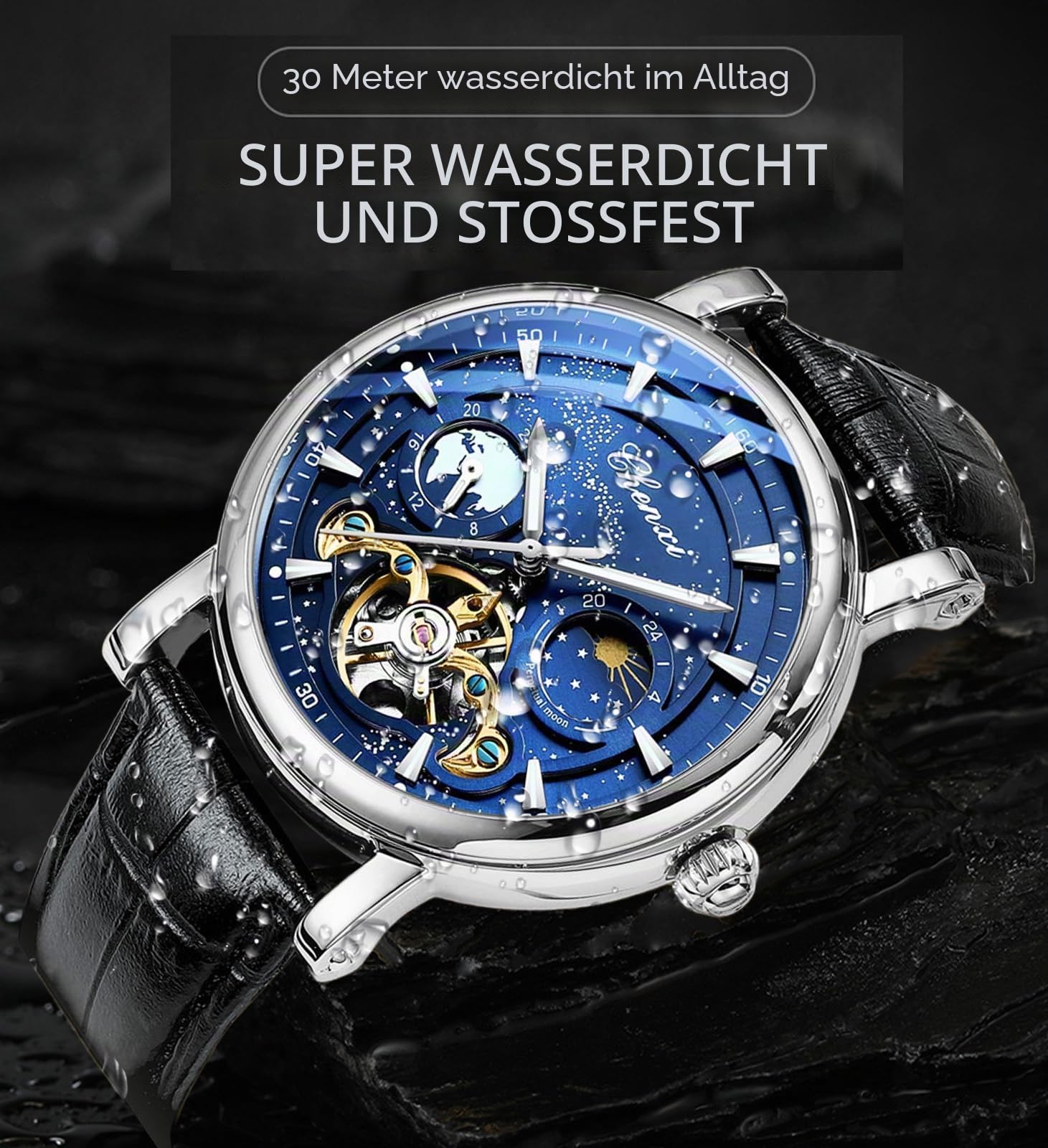 FORSINING Herrenuhr Leuchtender Sternenhimmel mit Mondphase Tourbillon, Mechanische Automatik Selbstaufzug Mode Uhren, Edelstahlgehäuse Ledergürtel Armbanduhr