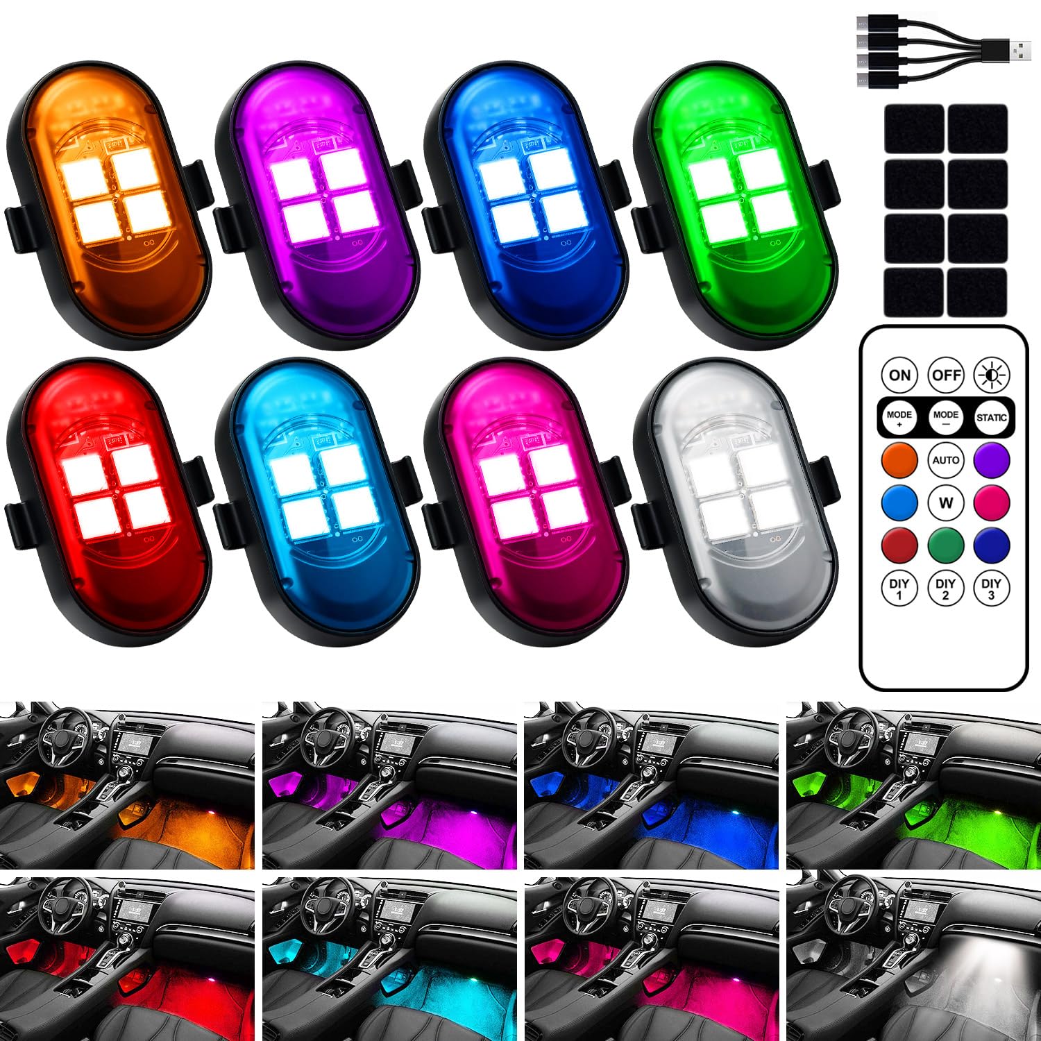 Upgraded Wireless LED Lights for Car, Rechargeable Interior Car Lights with 8 Colors Brightness Adjustable, 12H Battery Life, Remote Control, Mini