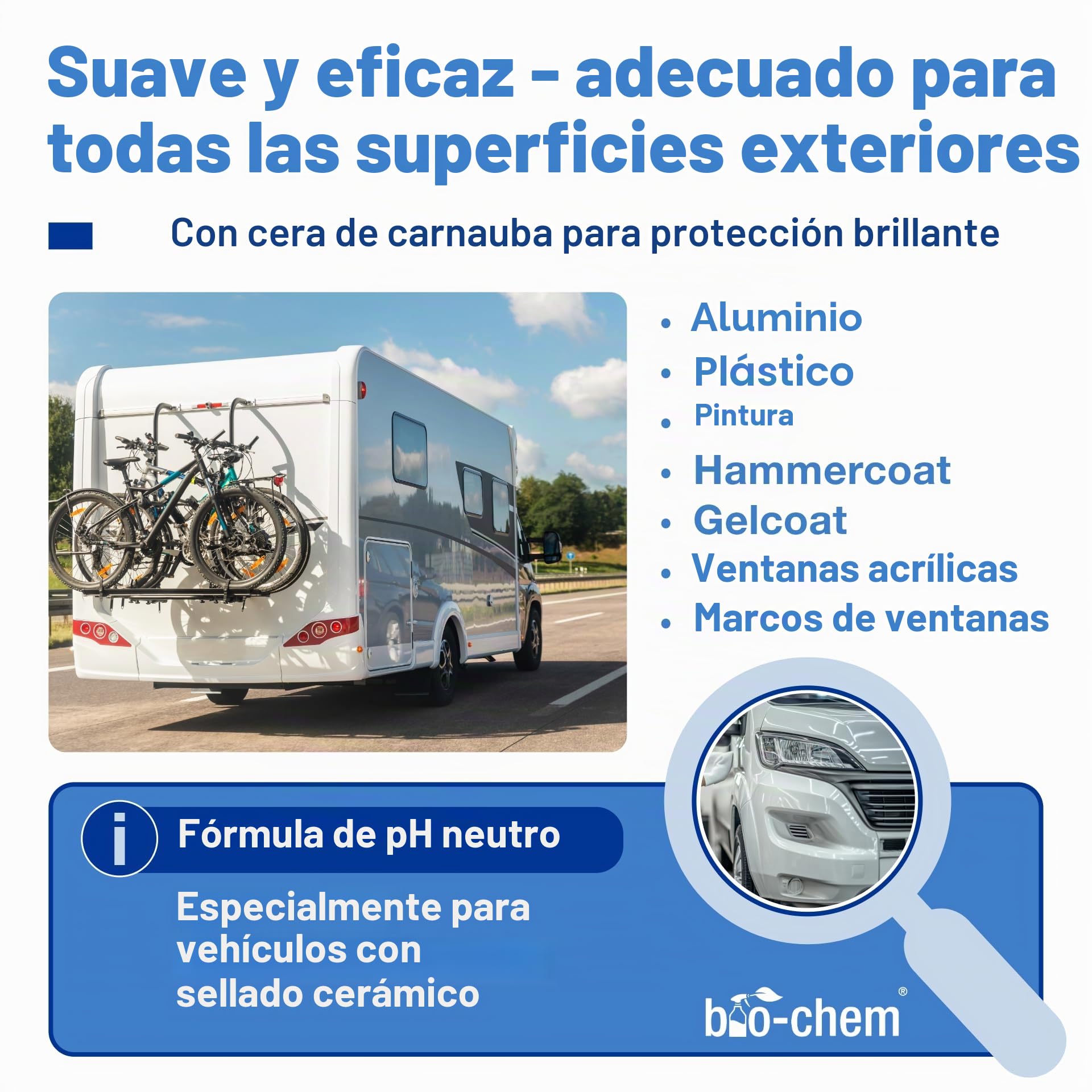 bio-chem Champú y cera para vehículos 1L + Pulverizador de espuma | Limpiador regenerador para plásticos con cera de carnauba, adecuado para la limpieza exterior de la carrocería de caravanas