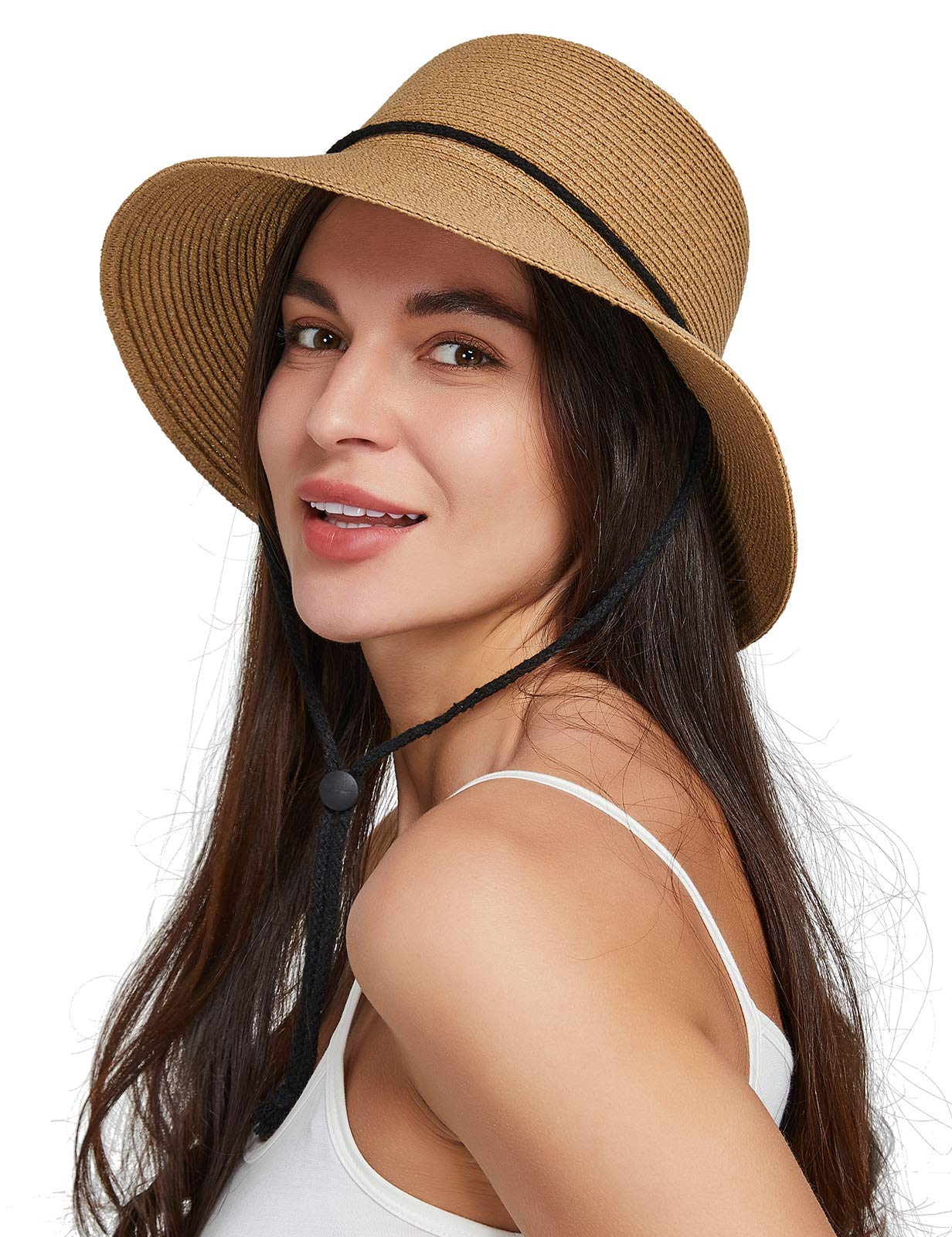 Gisdanchz Mujer Sombreros de Paja con Correa para La Barbilla - Sombrero de Sol Verano, UPF50, Plegable, ala Ancha, para Viaje Playa Verano