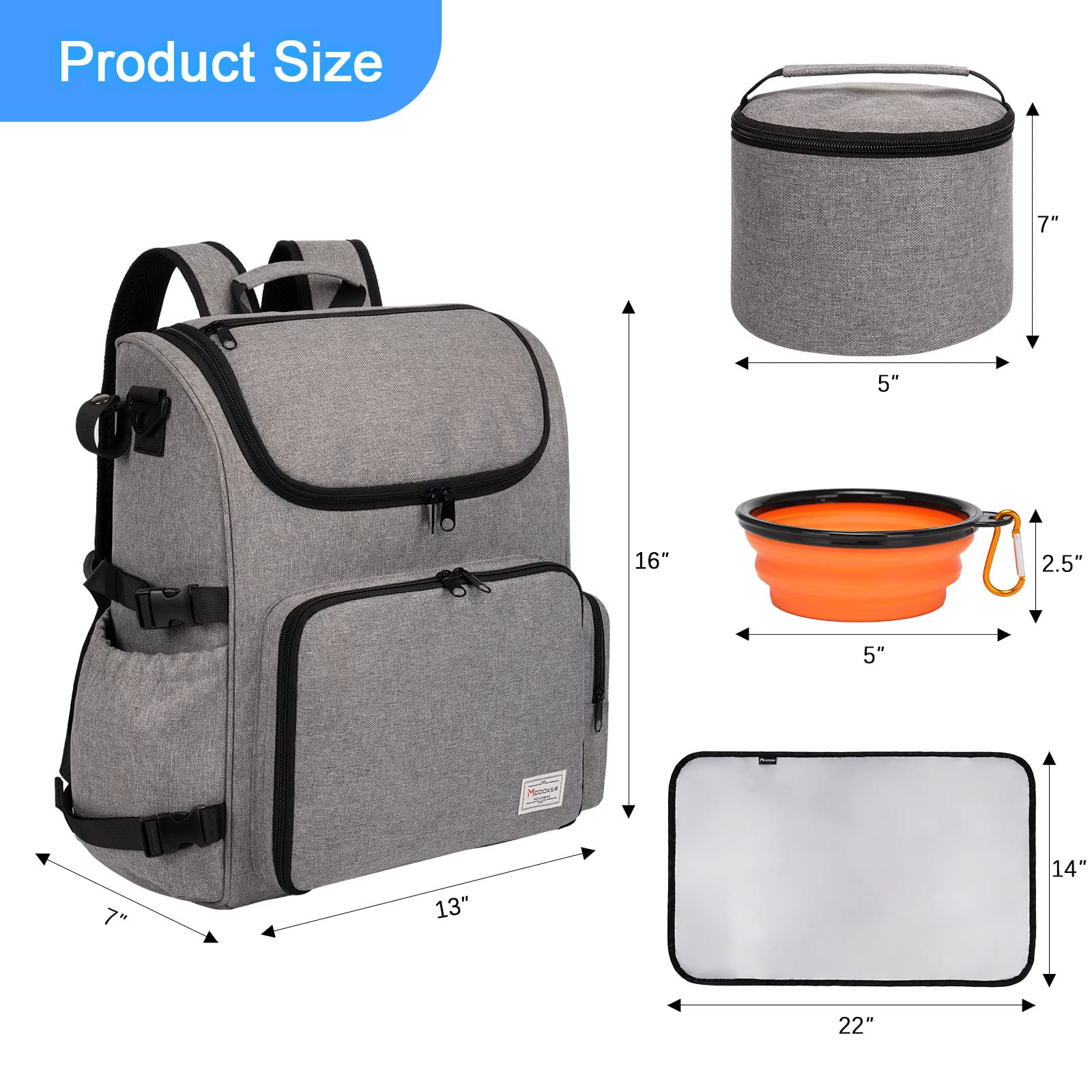 Modoker Hunde-Reisetaschen-Rucksack, von Fluggesellschaften zugelassenes Haustierzubehör-Organizer für Hund und Katze mit Schultergurt, 2 Hundefutter-Aufbewahrungsbehälter, 1 Haustiermatte, Grau