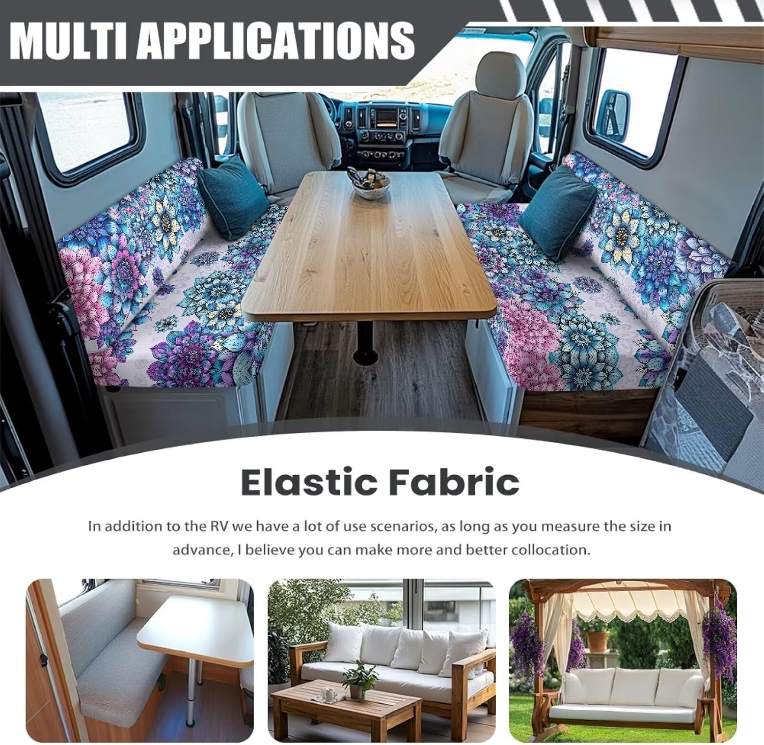 2 Set Purple Boho Flower RV Dinette Cushion Covers, Washable Stretchable Sofa Protector for Cushion Couch Slipcover Furniture Protector for Camper Accessories Inside