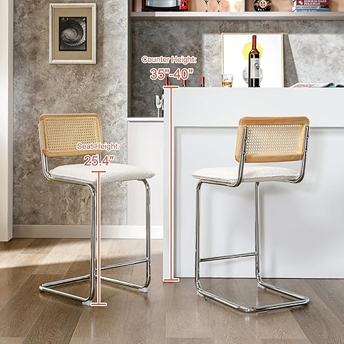 Miniatura 2 de ONEVOG Juego de 2 taburetes de bar de ratán con respaldo taburete de tela Boucle para cocina bistrópub 25 pulgadas silla de bar moderna sin brazos