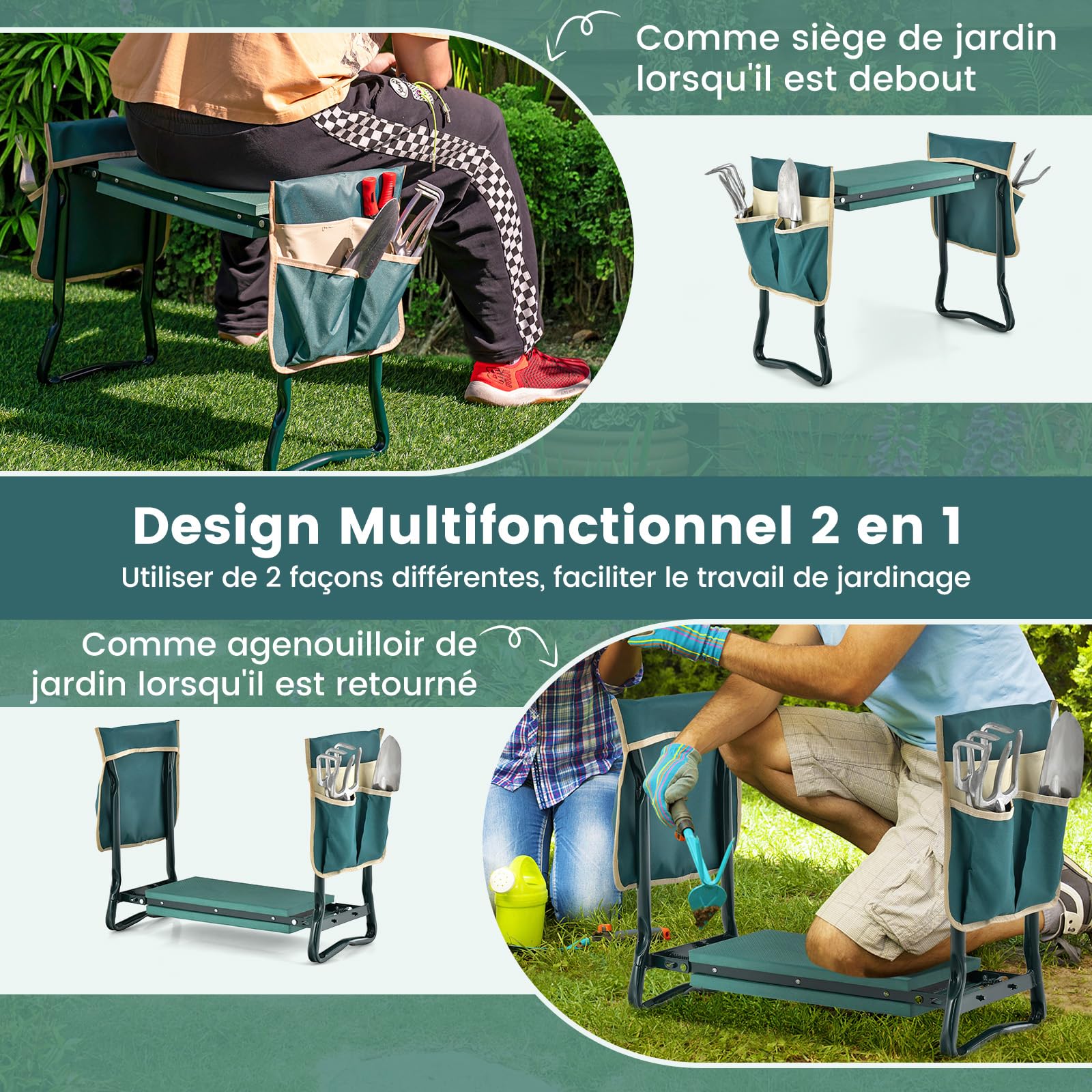 COSTWAY Tabourets de Jardinage Pliable avec Coussin EVA, Genouillère de Jardin 2 en 1 Cadre en Métal Siège de Jardinier avec 2 Grande Pochette à Outils Charge 150KG pour Jardinage, Vert