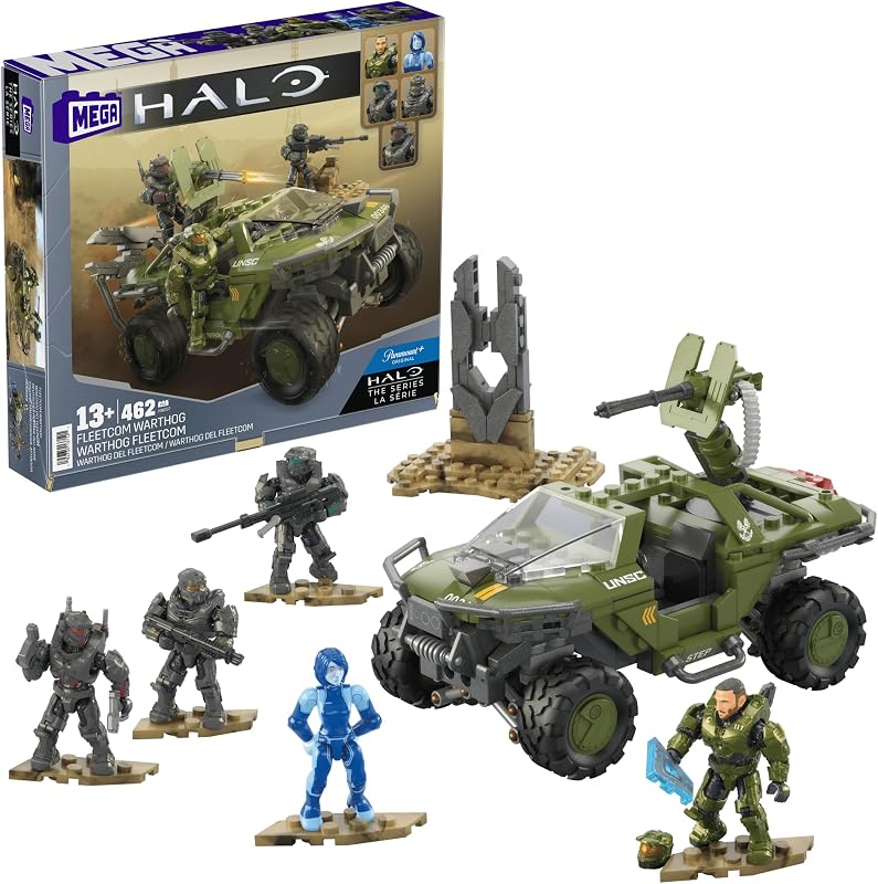 Juego de juguetes de construcción de vehículos MEGA Halo the Series, FLEETCOM Warthog ATV con 469 piezas, 5 microfiguras de acción, articulación articulada, niños y fanáticos