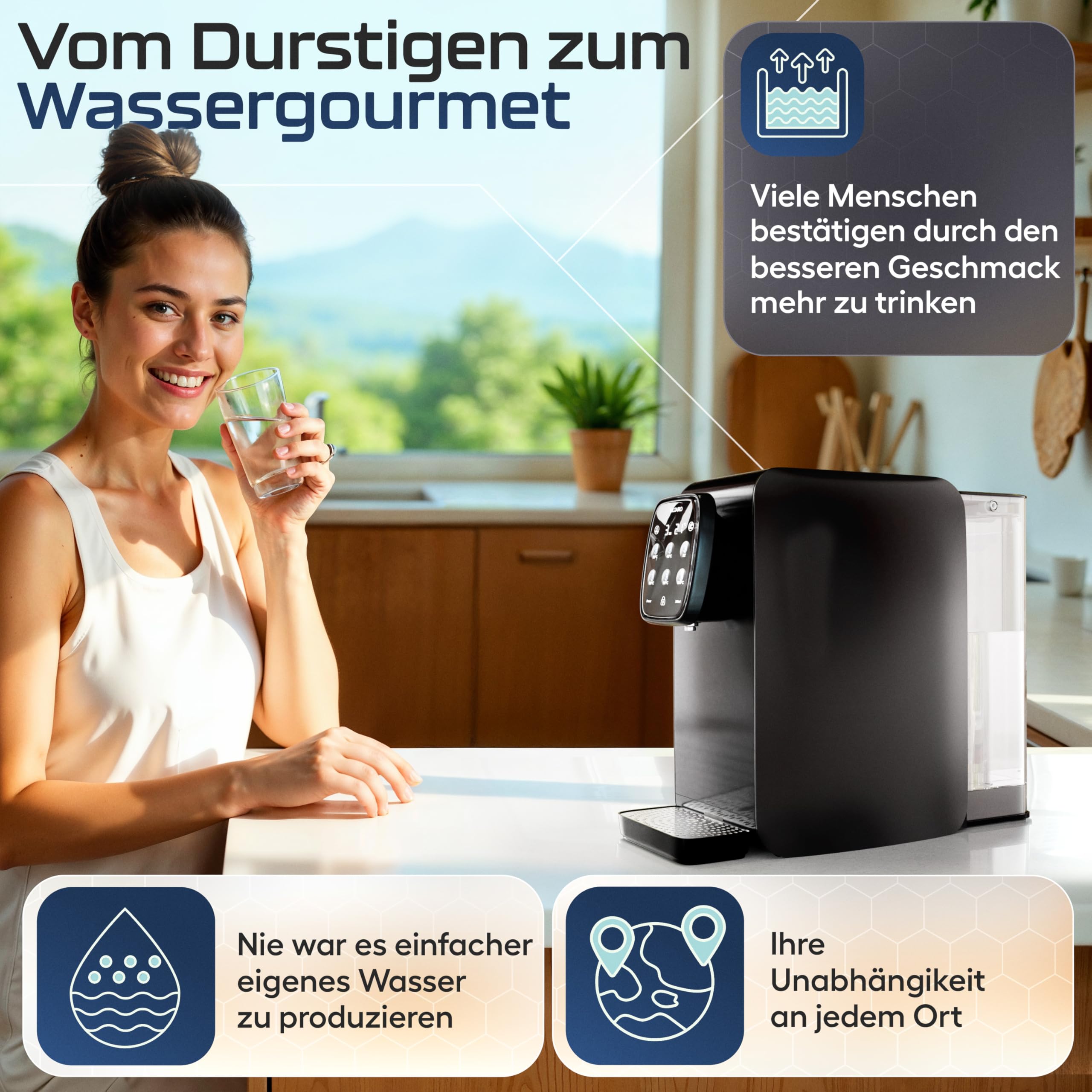 VILTARO® Osmoseanlage Trinkwasser [schwarz, 5-stufiges Filtersystem, 6 Temperaturstufen, mobil ohne Wasseranschluss] | Umkehrosmoseanlage | Osmose Wasserfilter | Kalkfilter | Trinkwasserfilter