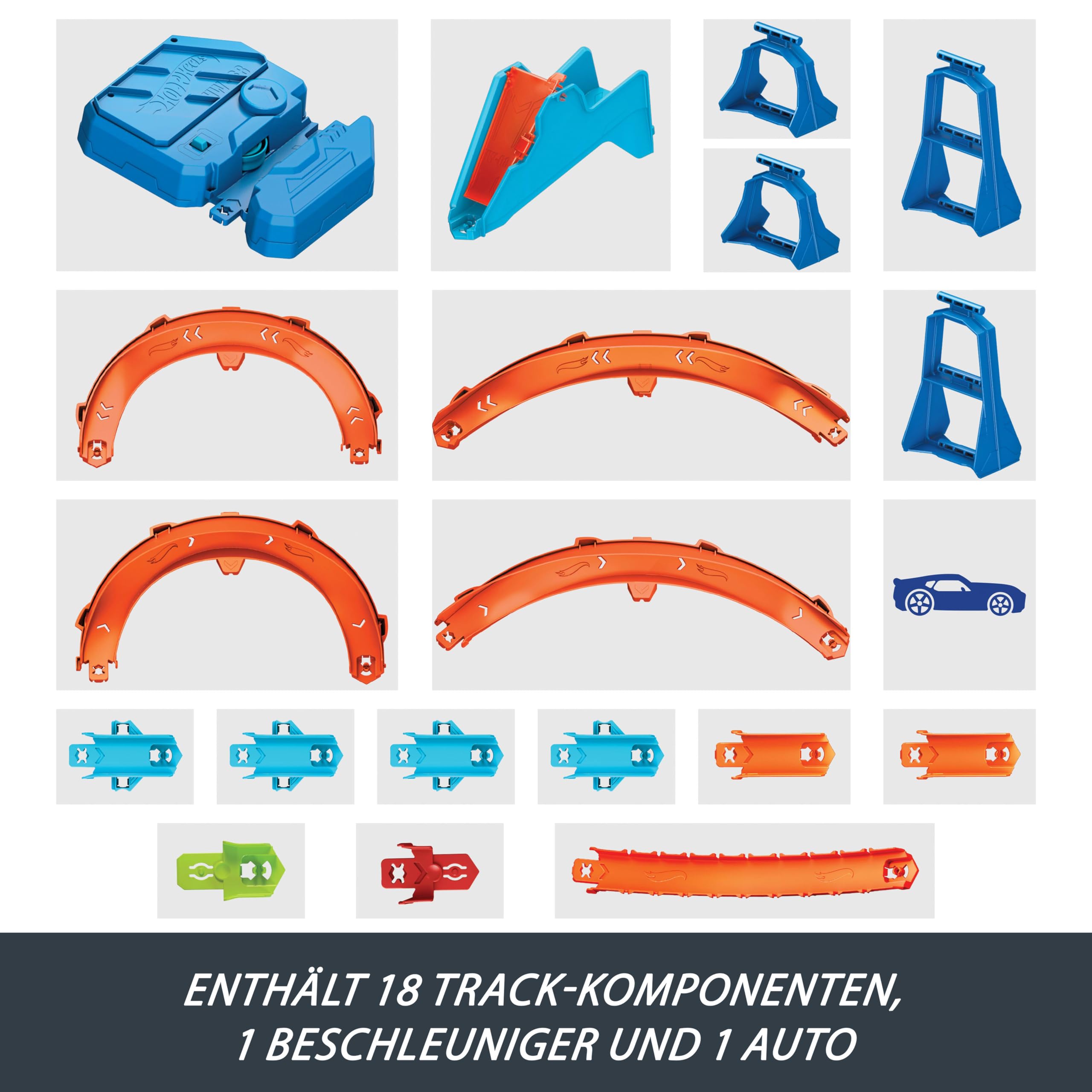 Hot Wheels Spielzeugauto Streckenset, Deluxe-Bauset mit motorisiertem Beschleuniger, Fahrzeug im Maßstab 1:64, Track-Schnellstecksystem, Beschleuniger-Sprung-Schnellstrecke,JDB49