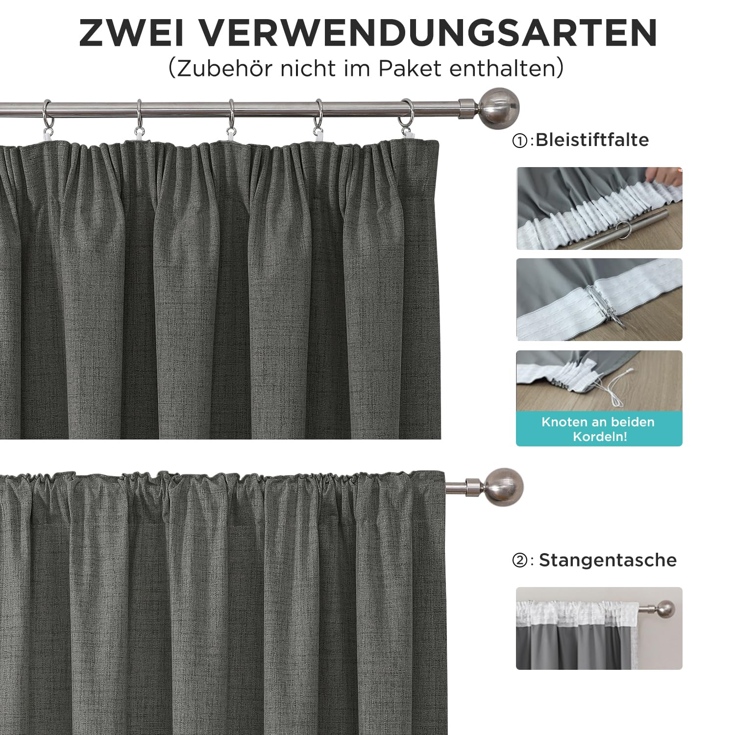 Joydeco 100% Verdunkelungsvorhänge Leinen Gardinen mit Kräuselband 2er Set H229xB132cm Grau – Bild 2