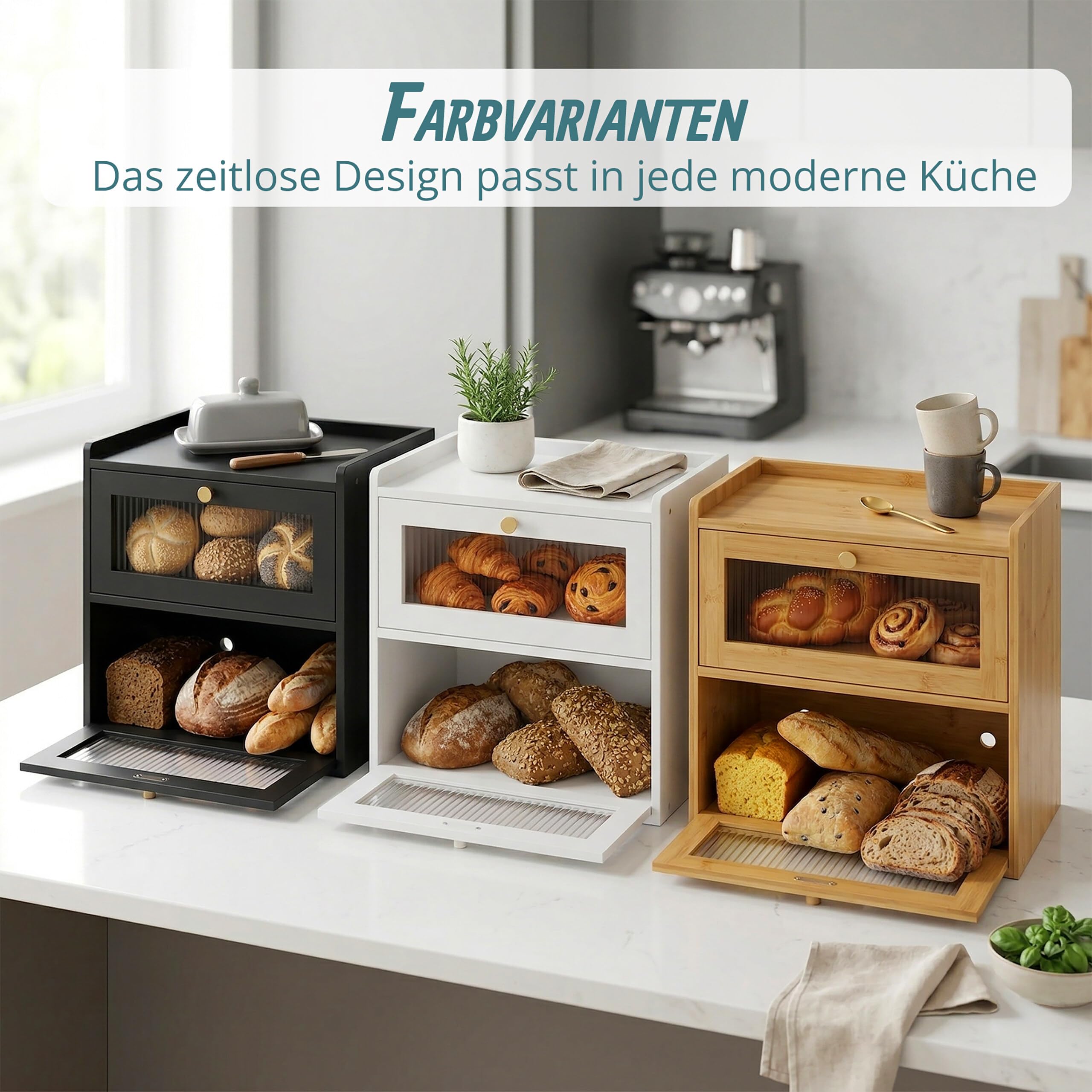 Relaxdays Brotkasten Bambus, 2 Etagen, Brotlade mit Sichtfenstern, Klapptüren, HBT: 34 x 36,5 x 24 cm, Brotbox, Natur