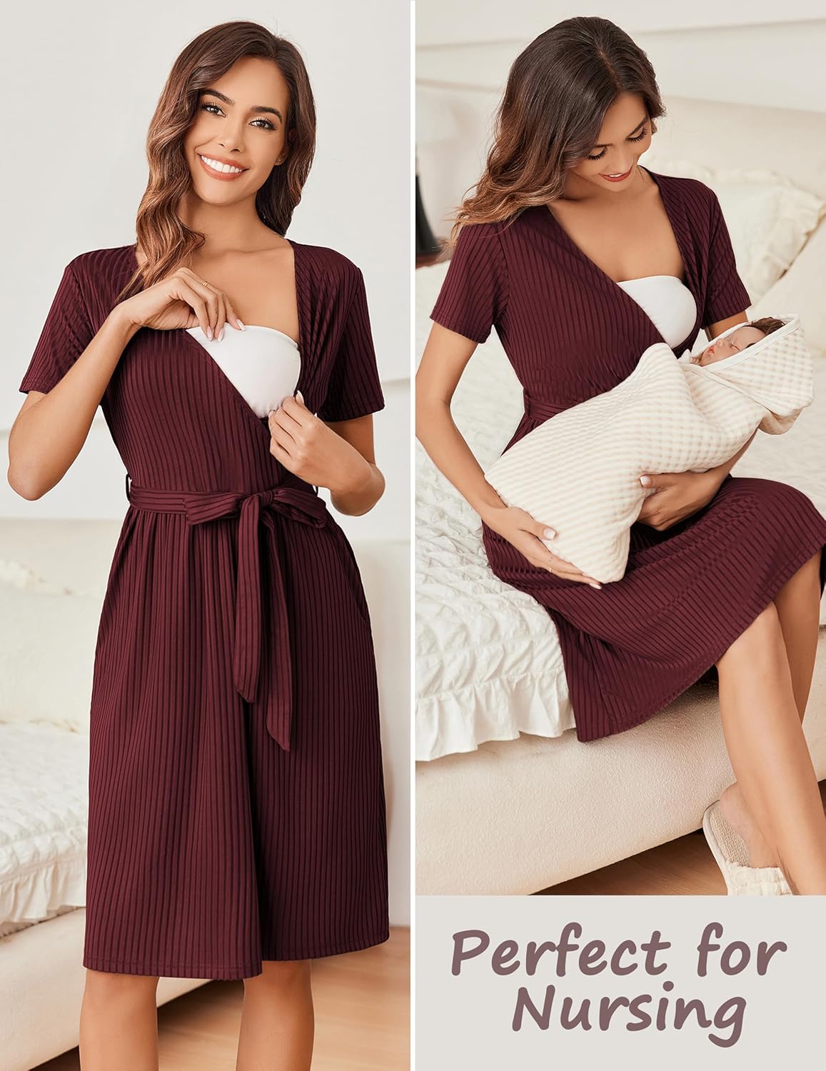 Ekouaer Women Short Sleeve Maternity Nursing Dress Casual V Neck Breastfeeding Loungewear Ribbed Knit Pregnancy Dresses S-XXL - Image 3