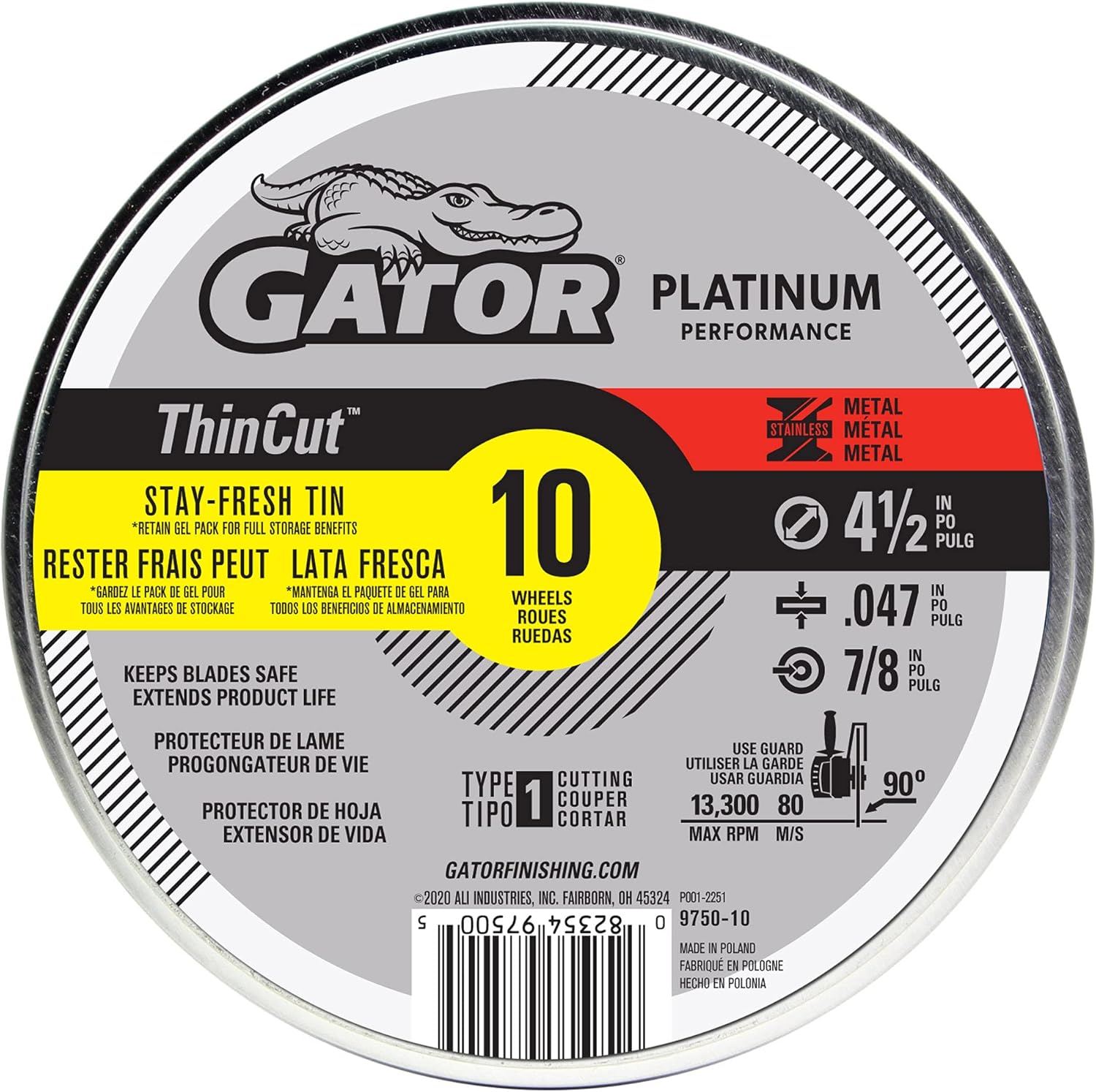Gator DuraCut Type 1 Metal Cut-Off-Wheel, 4-1/2" x .063" x 7/8", 10 Pack