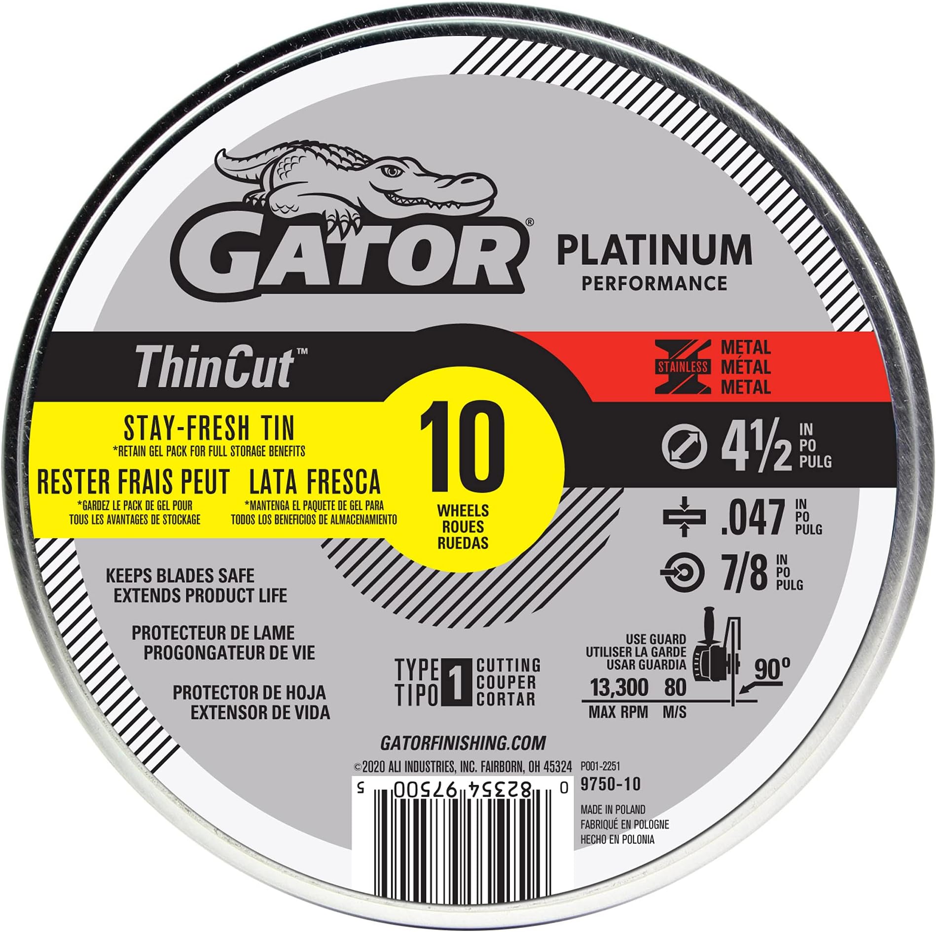 Gator ThinCut Type 1 Metal Cut-Off-Wheel, 4-1/2" x .047" x 7/8", 10 Pack