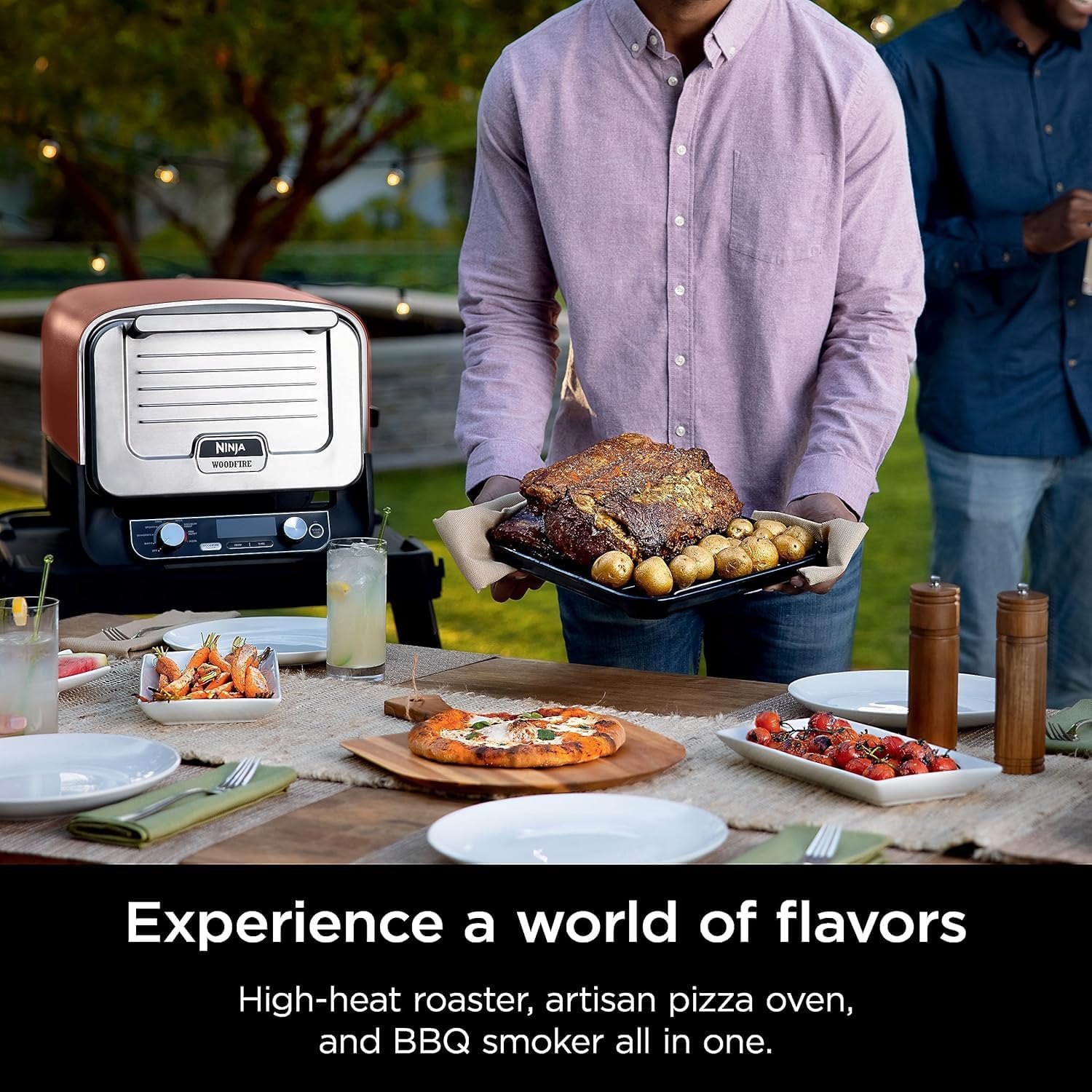 Ninja Woodfire Outdoor Pizza Oven, 5-in-1 Portable Electric Roaster Oven, Heats up to 700°F, 5 Artisan Pizza Settings, Integrated BBQ Smoker Box, Includes Flavored Wood Pellets, Terracotta Red