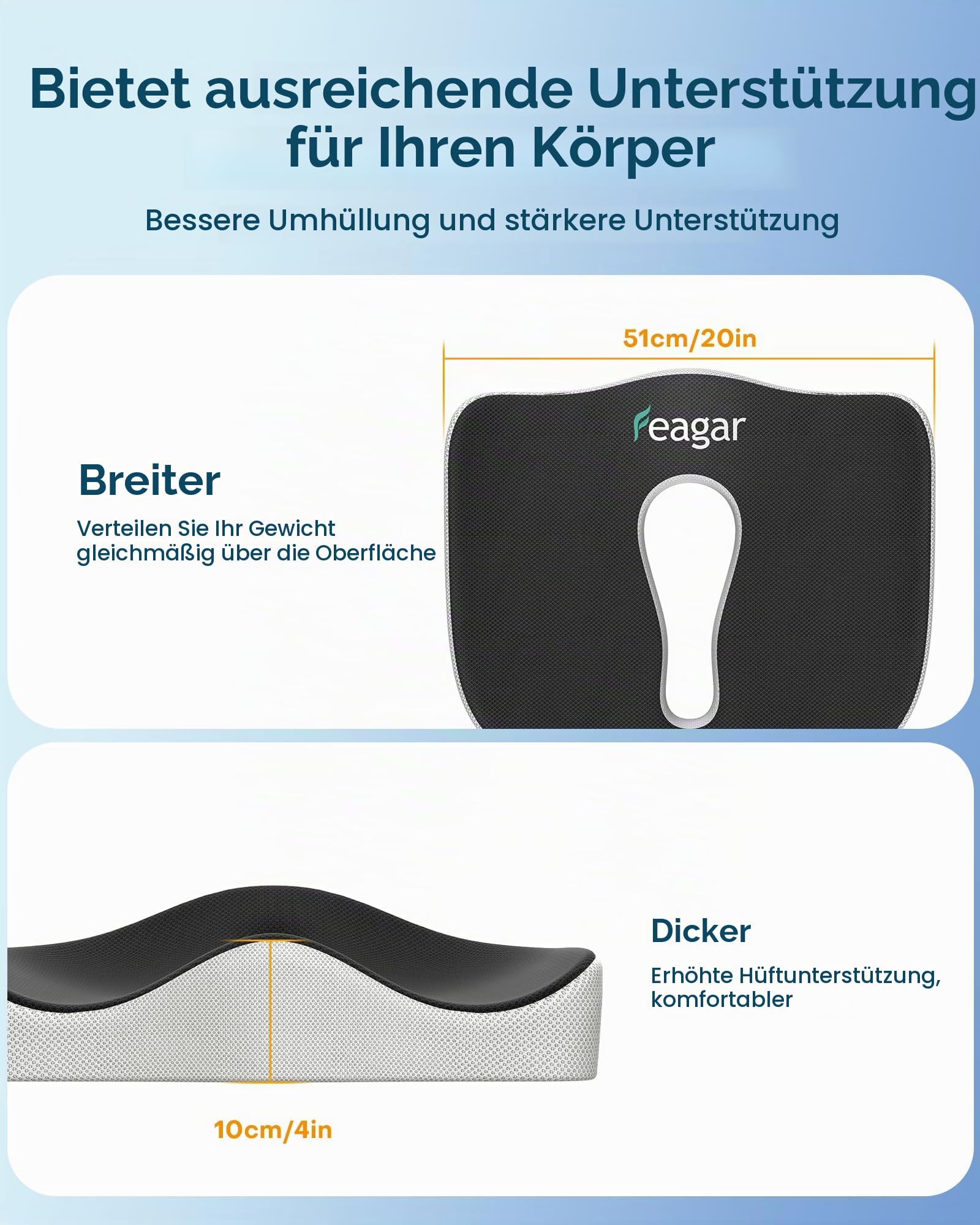 Feagar Sitzkissen In Extra Größe Aus Memory Foam Für Bürostuhl & Auto 1er | Orthopädisches Steißbeinkissen Für Lange Sitzzeiten, Atmungsaktiver Netzbezug, Schwarz, Druckentlastung Für Home Office