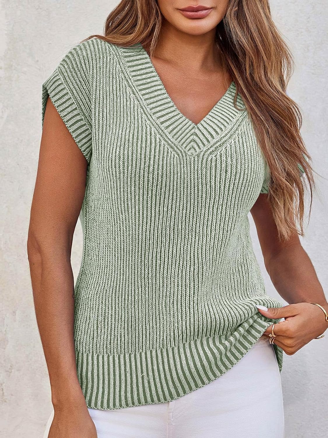 Saodimallsu Womens V Neck Short Sleeve Sweater Summer Lightweight Cap Sleeve Casual Loose Knit Pullover Tank Tops - Image 4