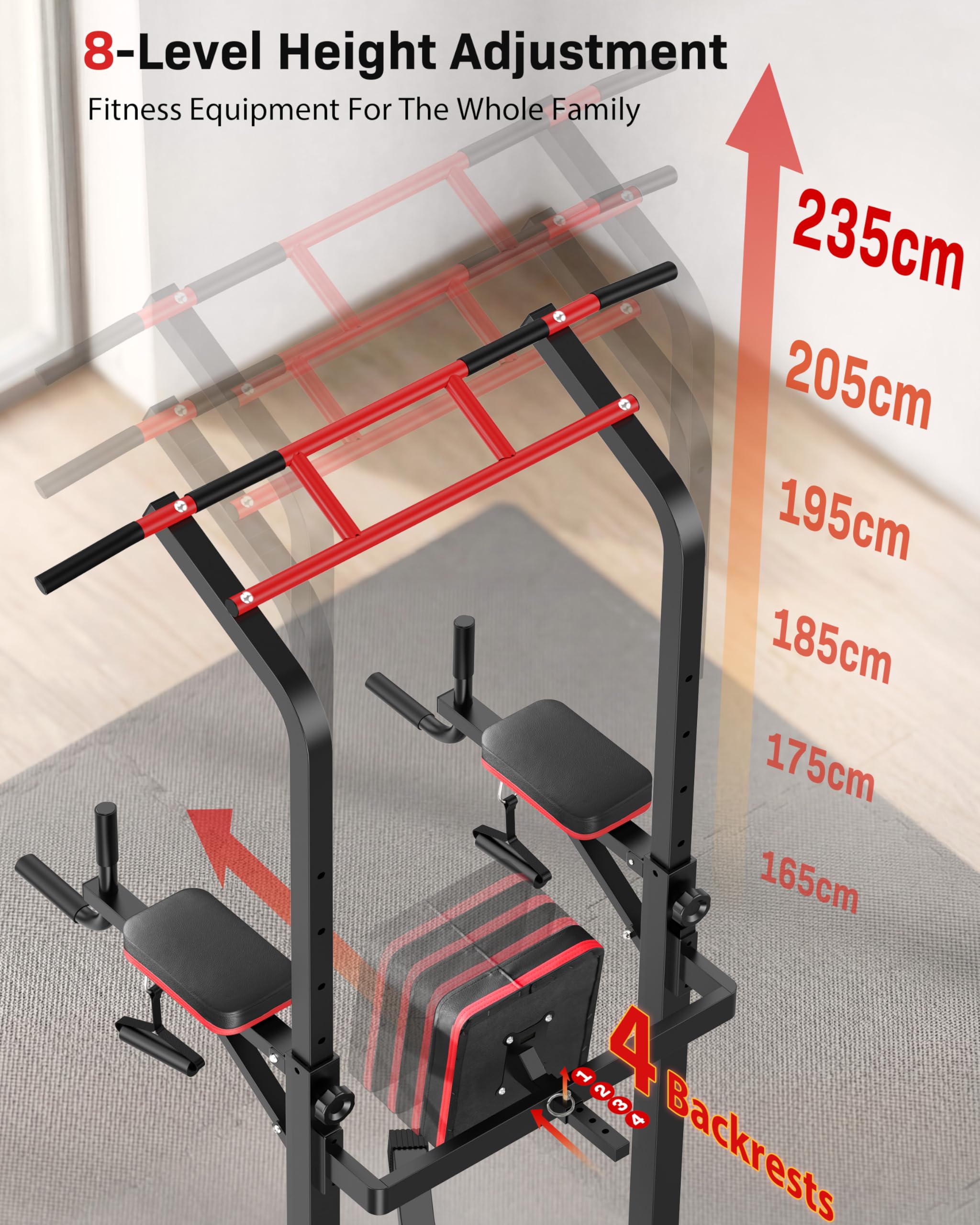 Power Tower, stazione per trazioni, supporto multifunzione per dip e trazioni, altezza regolabile, stazione per trazioni e esercizi di allenamento per palestra domestica, capacità 230 kg