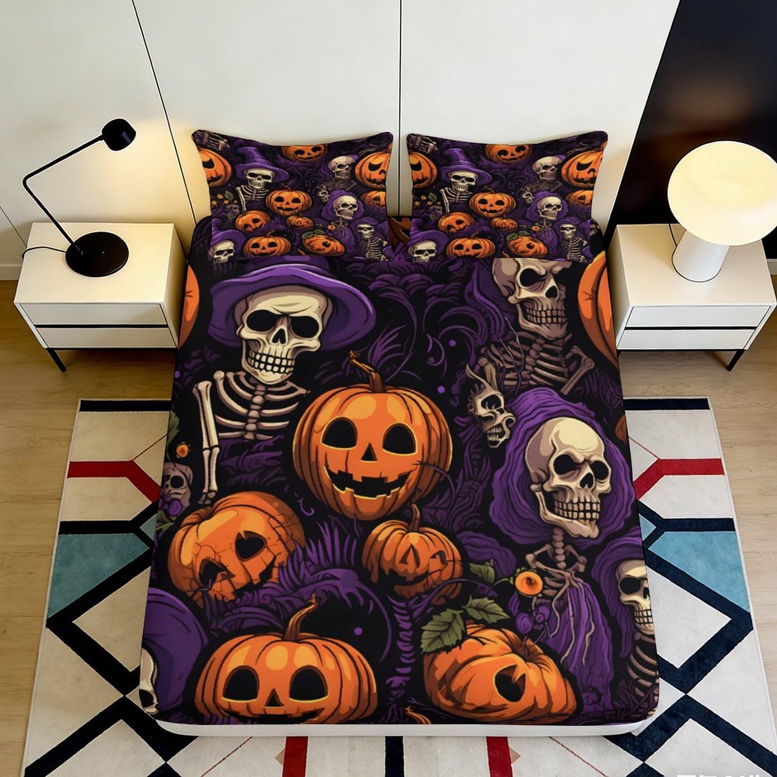 3D Printed Halloween Pumpkin Skeleton Fitted Sheet Microfiber Dark Purple Bed Cover for Bedroom Dorm Decor, Easy Care 140x200x25cm