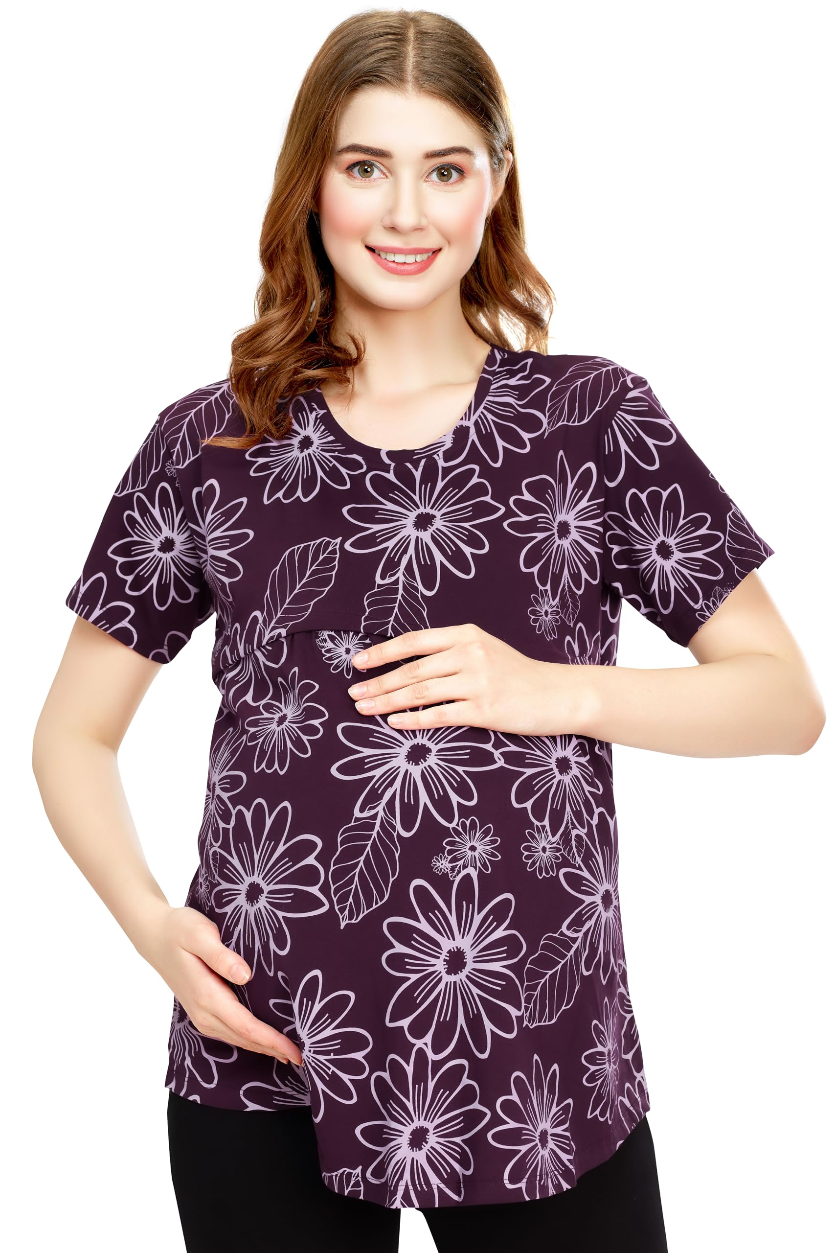 zeyo Women's Cotton Maternity Top Floral Printed Feeding Regular Fit T-Shirt 5814-picture-46
