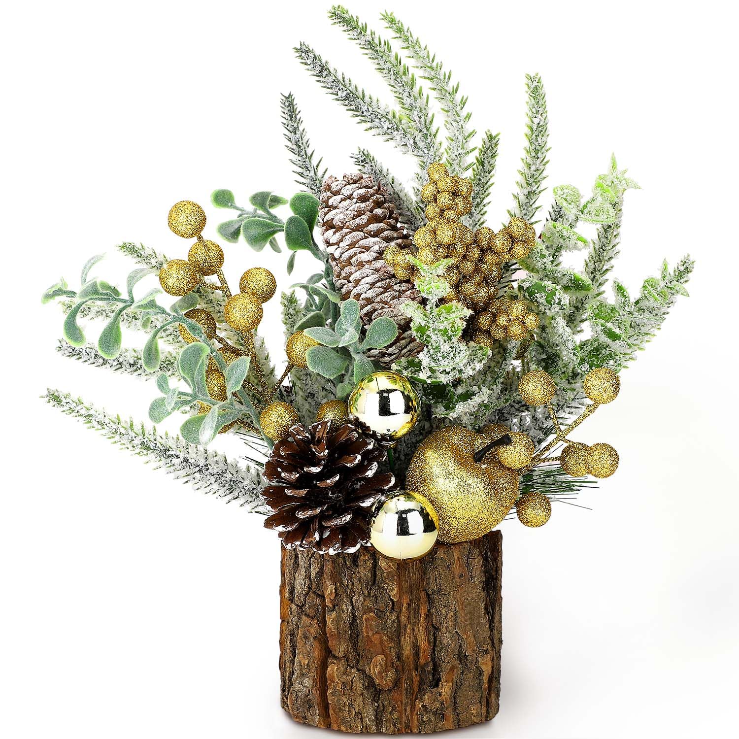 Small Christmas Tree Tabletop Artificial Mini Christmas Tree Decorations with Holiday Ornaments Red Berry Pine Cone Greenery for Home Indoor Fireplace Mantel Xmas Decor (Tree Stump-Golden)