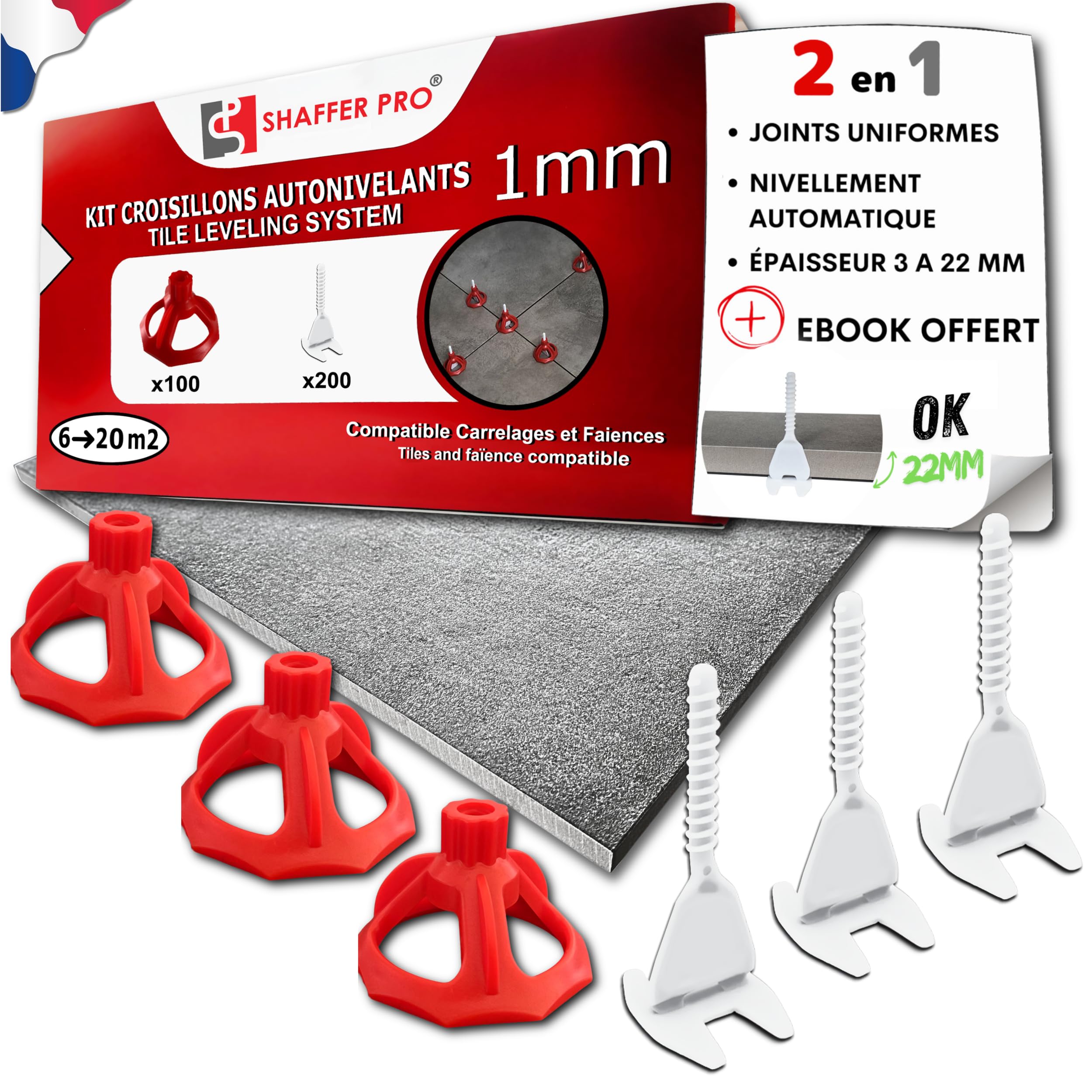 Tile Levelling System spacers 1 mm – (≈ 1/32 inch) – 200 Clips + 100 Reusable Twisters (for Tiles 3–22 mm Thick) – SHAFFER PRO Tiling Tools – Tile Laying Aid for Installing Floor and Wall Tiles
