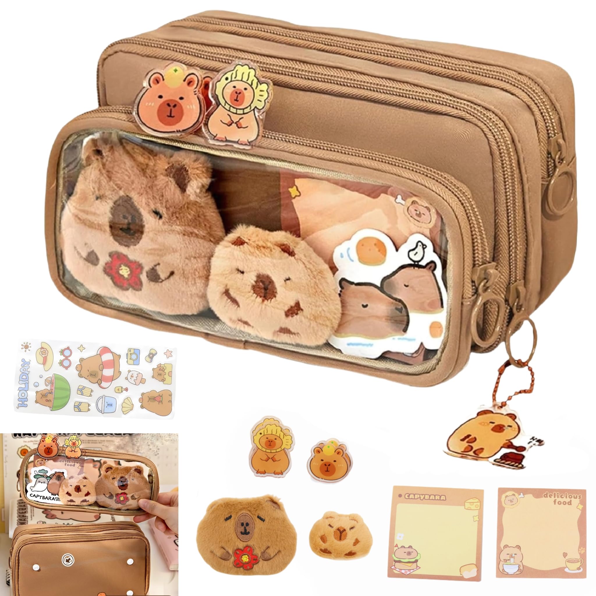 Capybara Pencil Case,Cute Detachable Clear Pencil Case Aesthetic Large Multi-Layer Pen Case,Kawaii Stuff Pencil Box Capybara Zipper Pencil Pouch with Stickers,Capybara Stationery School Supplies