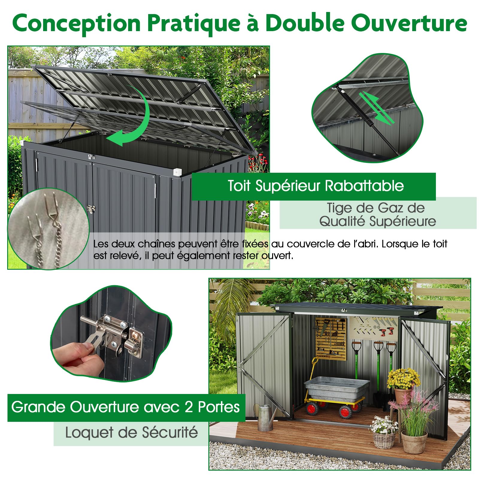 COSTWAY Abri de Jardin en Métal Galvanisé 1,5 m², Cache Poubelle Exterieur Verrouillable, Toit Ouvert, 2 Portes, Abri Poubelle Exterieur, 4 Gants, Rangement Etanche pour Vélo,Outils(Gris foncé)