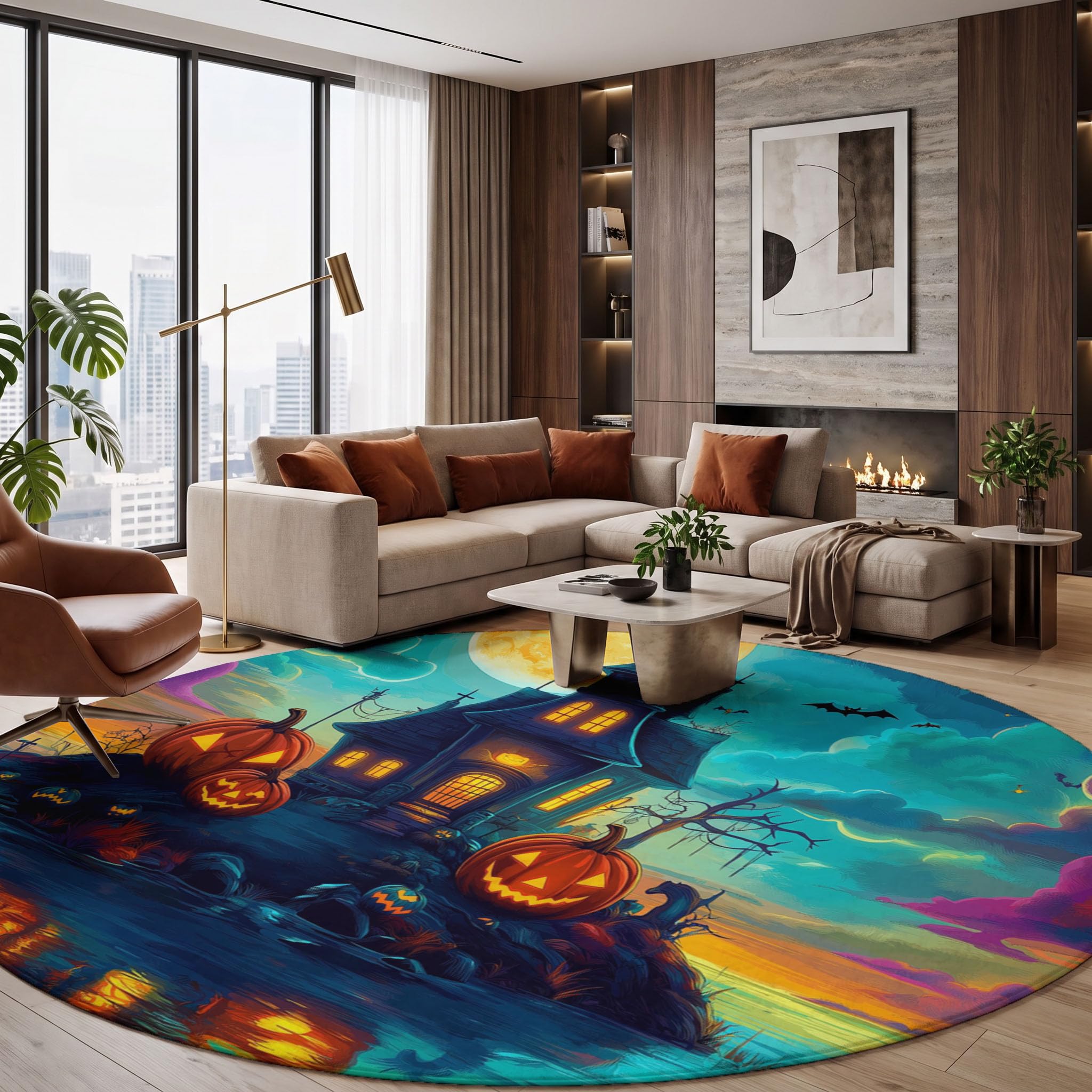 Tappeto Rotondo Castello Zucca Isola 180cm Ciano Tappeti | Lavabile in Lavatrice, Antiscivolo, Pelo Corto Tappeto Rotondo Halloween Fantastico per Camera Da Letto, Soggiorno