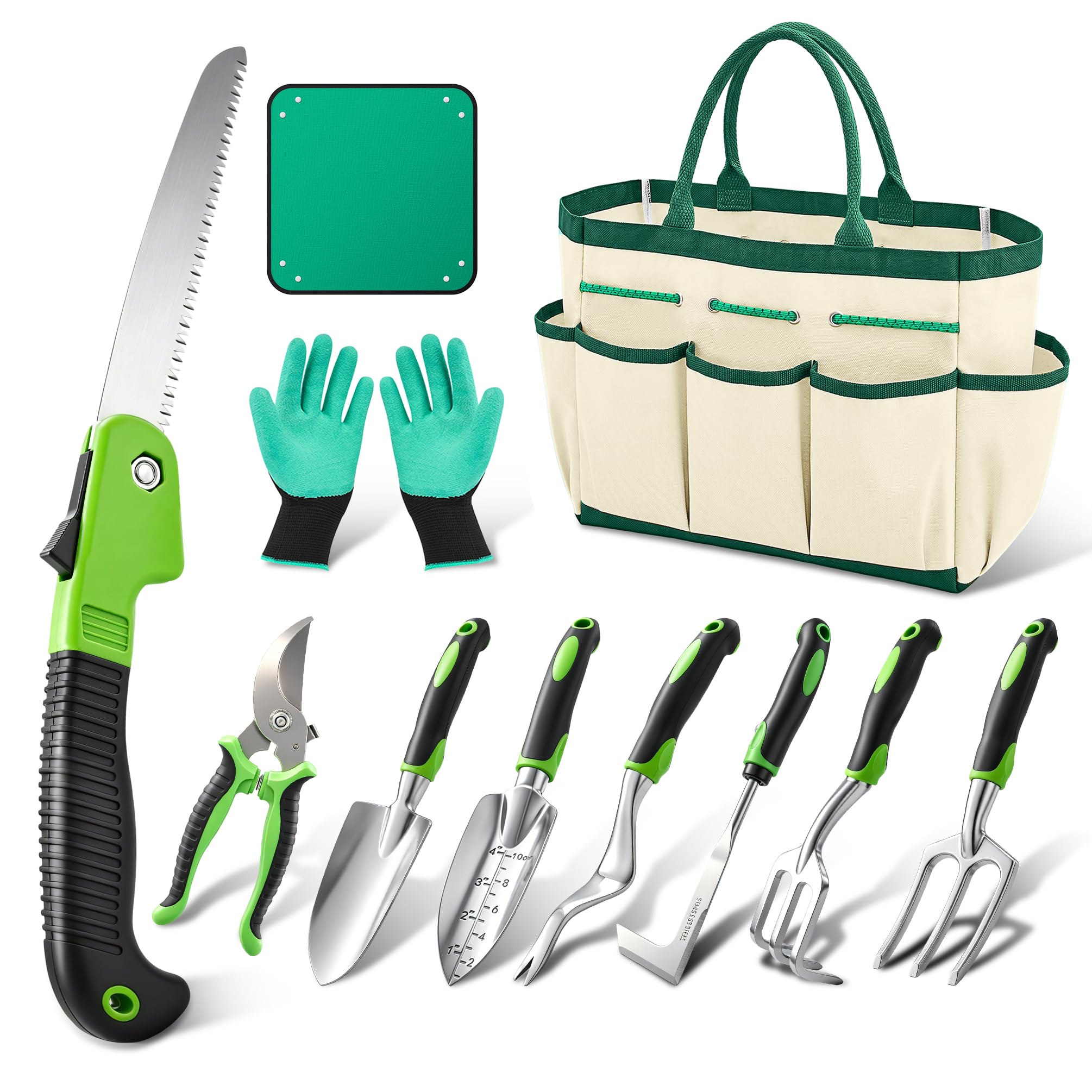 Juego de herramientas de jardín - Kit de herramientas de jardinería de aluminio con asas antideslizantes, guantes de jardinería y bolsa de almacenamiento para plantar, cavar, cuidar el suelo, macizos