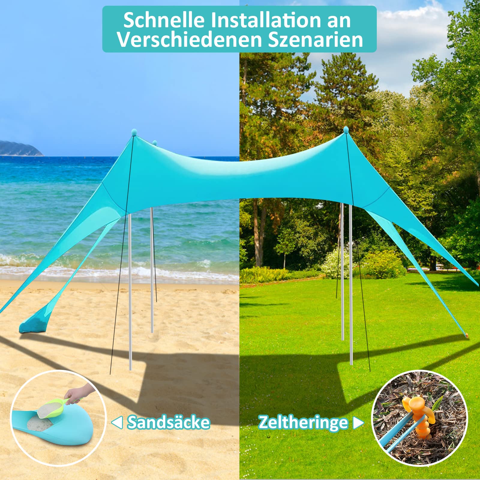Strandzelt UV Schutz Sonnensegel 3 × 3m Outdoor-Schatten Camping Angeln Picknick Seegrün