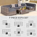 Outsunny 7 Ensemble de meubles patio en pièces, PE Ensemble de conversation extérieure Rattan avec canapé sectionnel, lattes WPC Table, coussins et oreillers pour jardin, pelouse, pont, beige foncé et gris