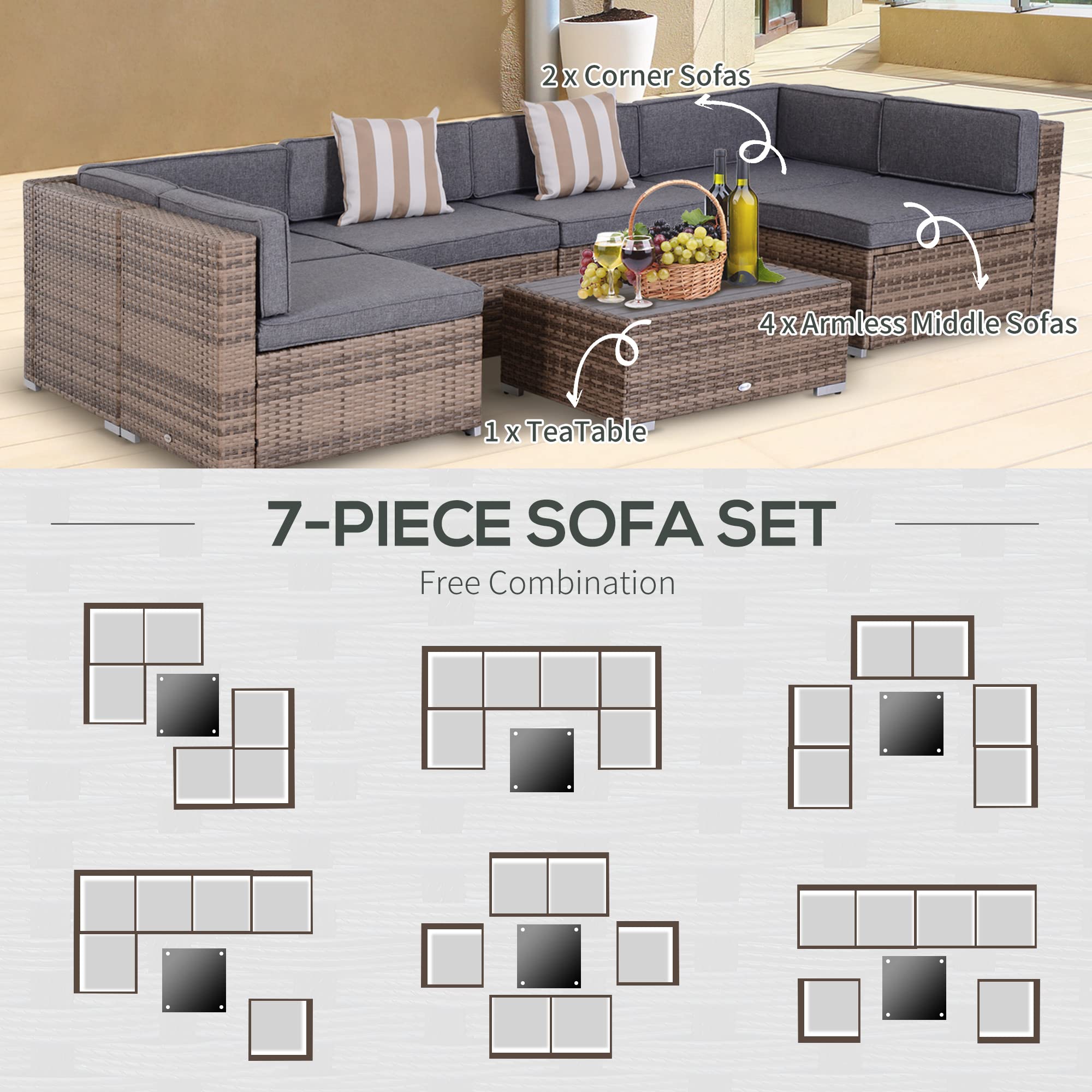 Juego de muebles de patio de 7 piezas, juego de conversación de mimbre para exteriores, juego de sofá modular de ratán PE para todo tipo de clima, con cojines y mesa de madera sintética, 5