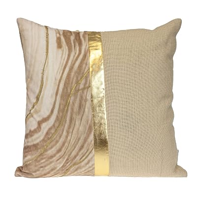Parkland Collection Agneta Beige Marbleized Throw Pillow 20x20, Textured Cotton Jute Accent Cushion with Metallic Gold Detail