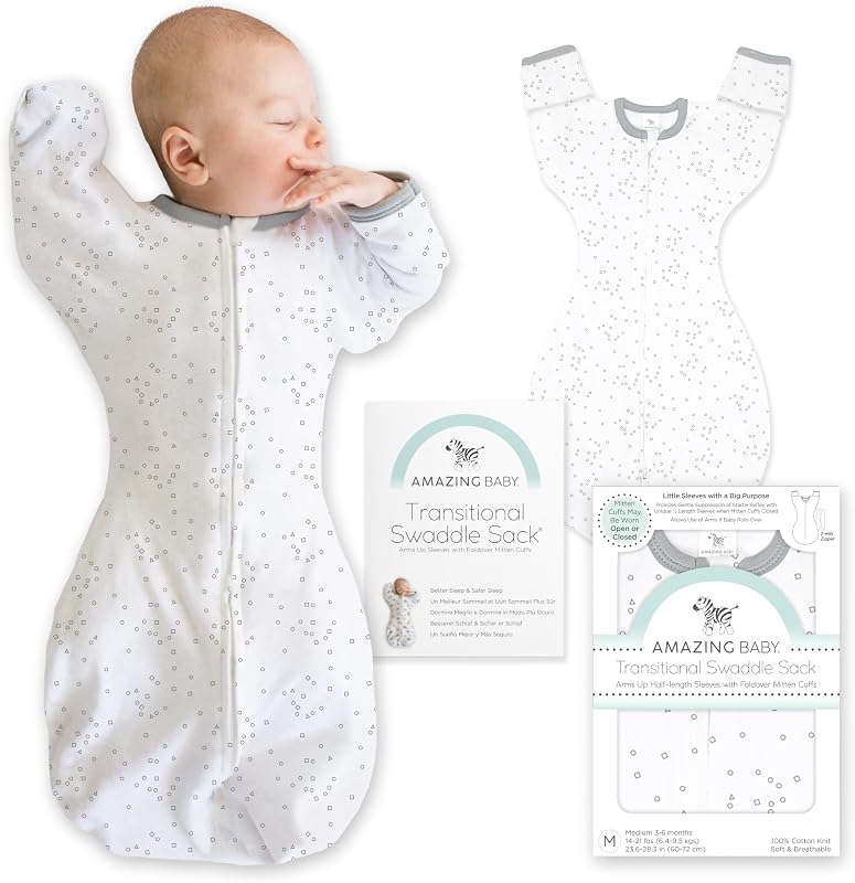Amazing Baby Transitional Swaddle Sack, Cotton, Confetti Sterling, 3-6mo | Arms Up Half-length Sleeve Partially Suppress Moro reflex, Most Gradual Transition Swaddle for Newborn, Safe for Rolling Baby
