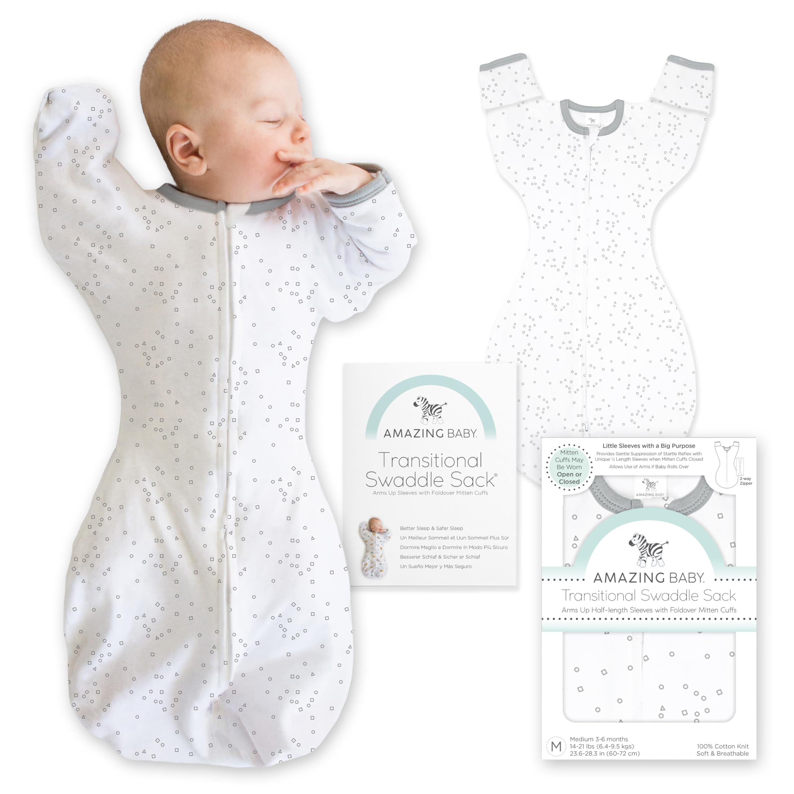 Amazing Baby Übergangs-Pucksack Baby, Pucktuch & Puckschlafsack für Neugeborene mit Arme-nach-Oben-Design, halblangen Ärmeln & Fäustling-Bündchen, M, 3-6 Monate, Confetti