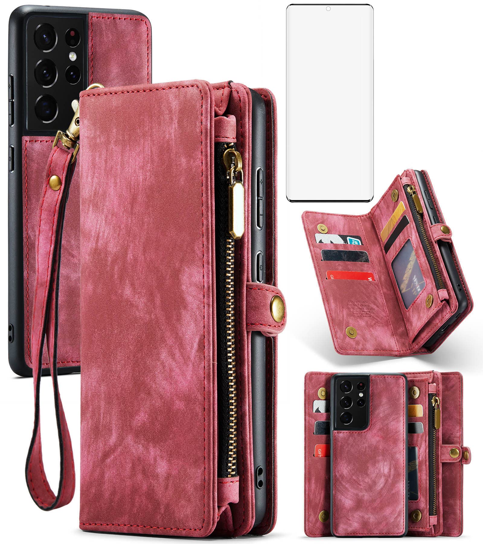 Asuwish Phone Case for Samsung Galaxy S21 Ultra Glaxay S21ultra 5G Zipper Wallet Cover with Tempered Glass Screen Protector and Flip Card Holder Cell Accessories Gaxaly 21S S 21 21ultra G5 Women Red