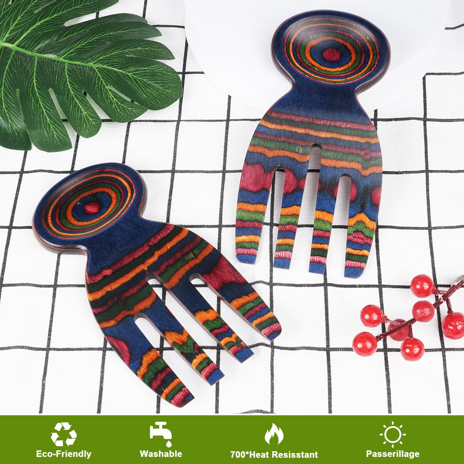 MYRAINBOW Pinzas de ensalada, mano de ensalada, pinzas de ensalada de madera de Pakkawood para servir, juego de utensilios de servir, juego de utensilios de cocina