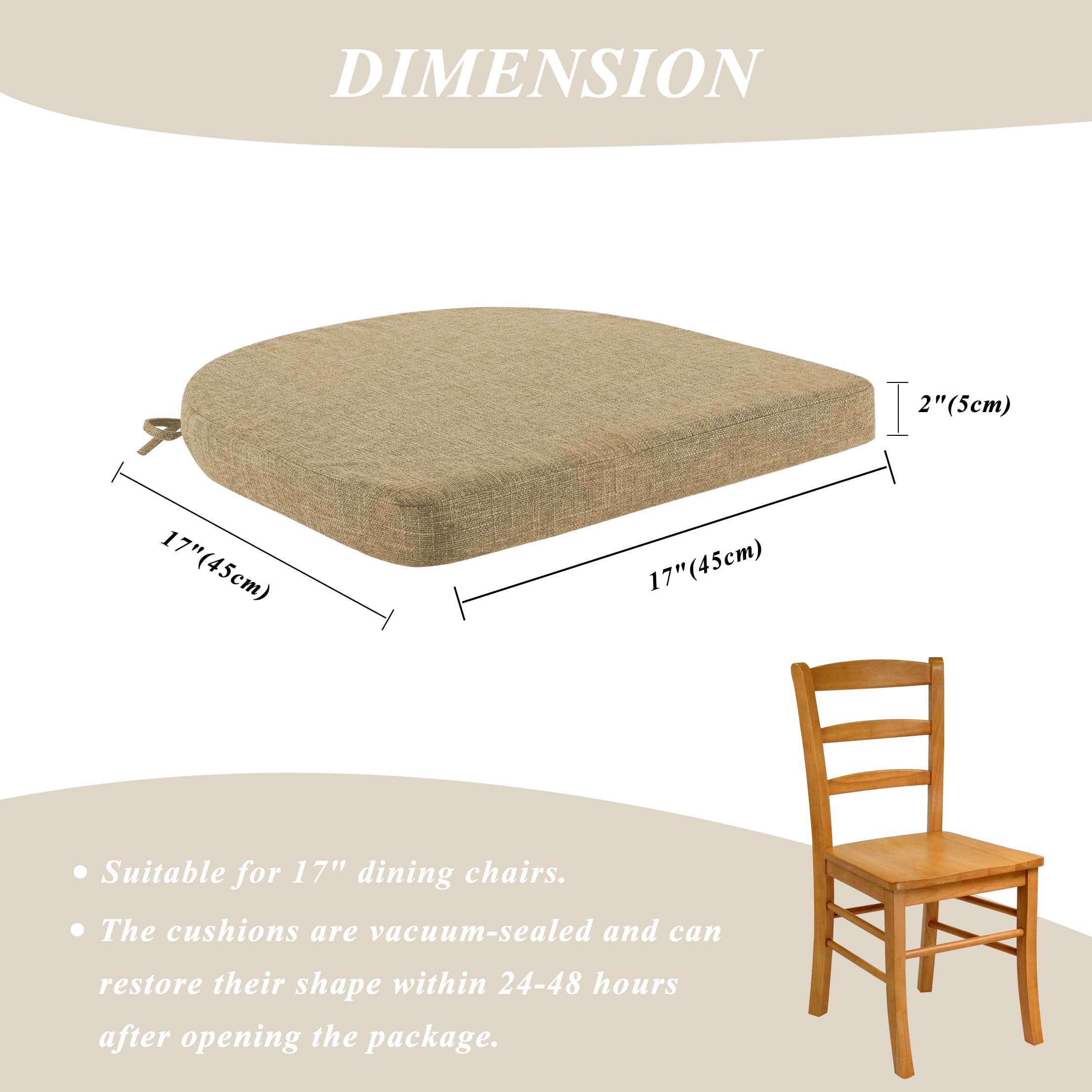 FlyGulls 4 Pack Seat Cushion Linen Chair Cushions for Dining Chairs with Ties Kitchen Chair Cushions Non Slip U Shape Chair Pads Beige (45 * 45 * 5cm/17 * 17 * 2inch) - Image 3