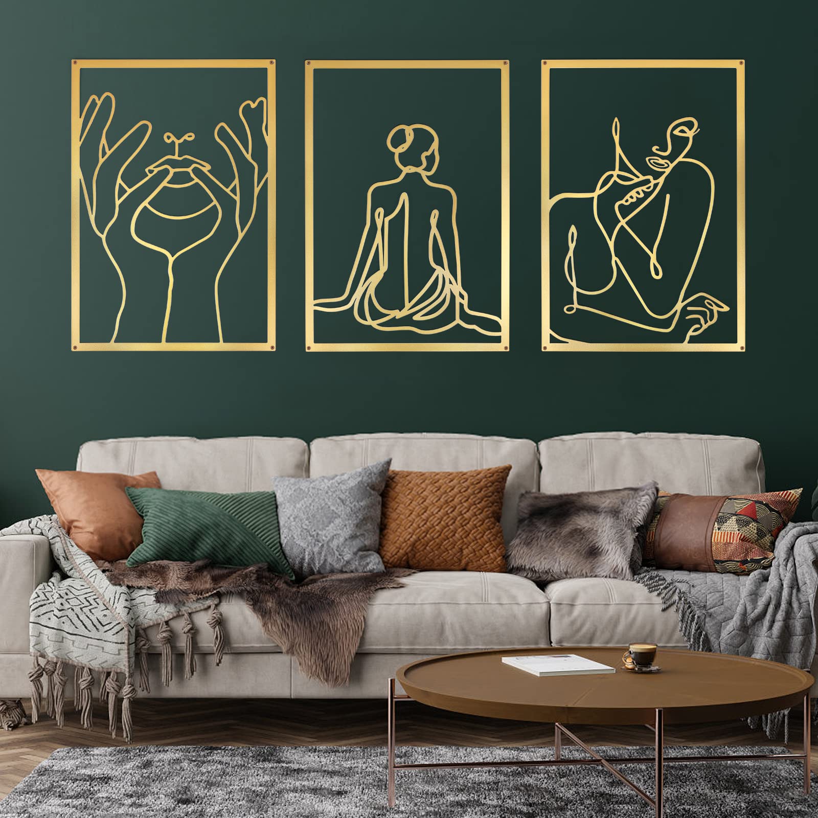 Phirown 3 Pcs Metal Wall Decor, Minimalist Abstract Woman Wall Art, Gold Wall Decor with Woman Female Body Shape, Modern Line Wall Art with 3 Hooks, Home Wall Decor for Living Room Bedroom Kitchen